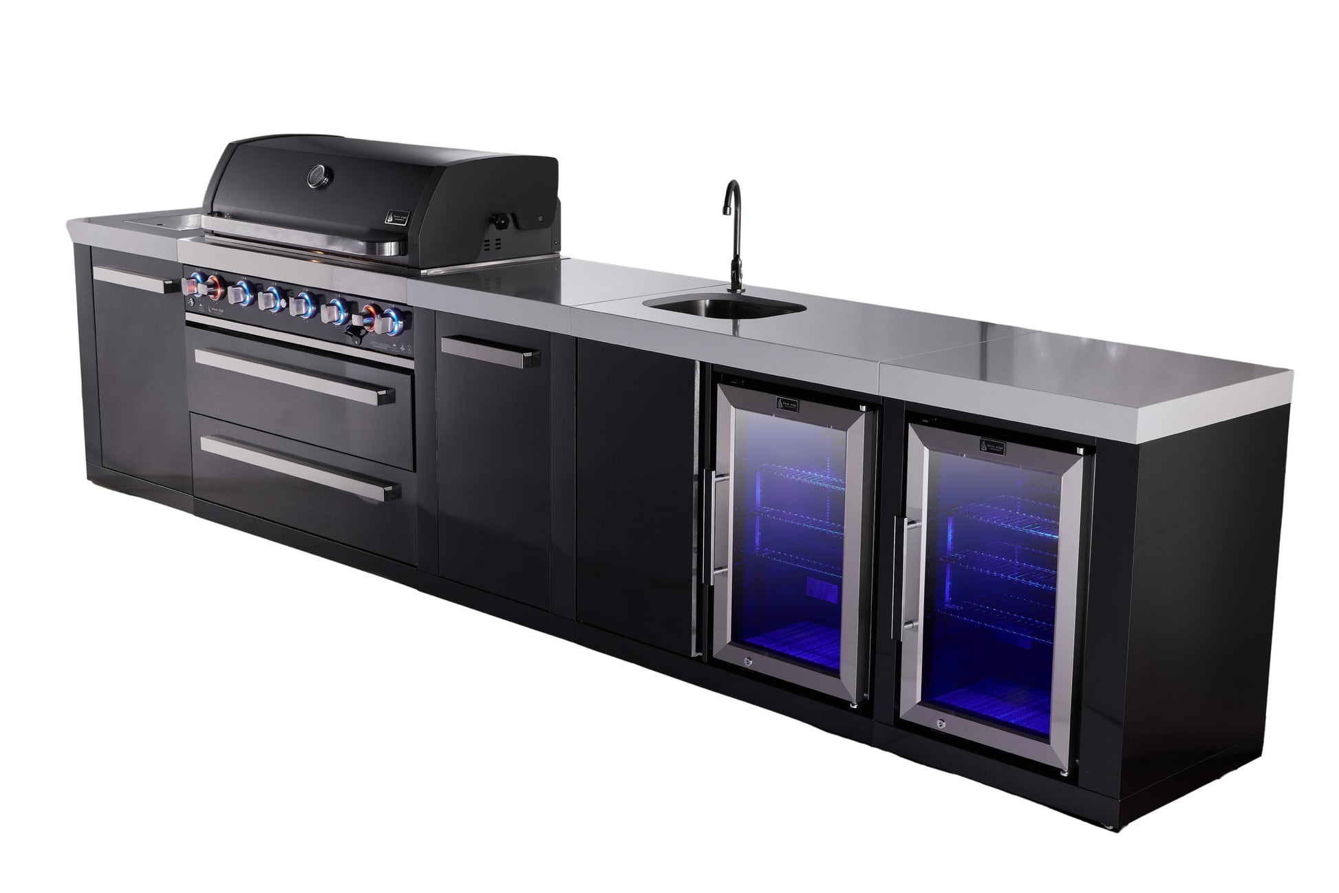 Mont Alpi Islands Mont Alpi 805 Black Stainless Steel Island with Beverage Center, Fridge Cabinet, and Extra Storage Cabinet | 6-Burner Grill, Sink, 2 Fridges | MAi805-BSSBEVFCXL