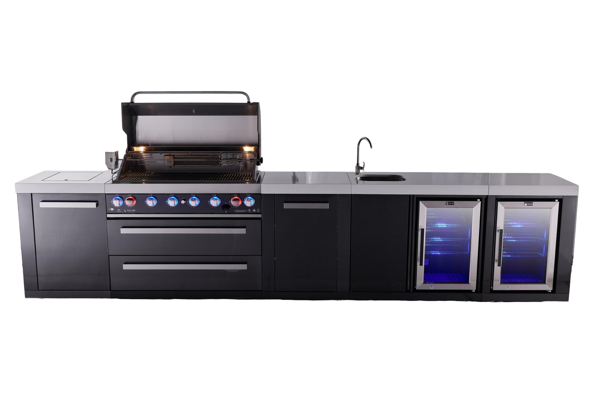 Mont Alpi Islands Mont Alpi 805 Black Stainless Steel Island with Beverage Center, Fridge Cabinet, and Extra Storage Cabinet | 6-Burner Grill, Sink, 2 Fridges | MAi805-BSSBEVFCXL