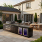 Mont Alpi outdoor kitchen with black stainless grill, sink, refrigerator, and dining table on a stylish patio.