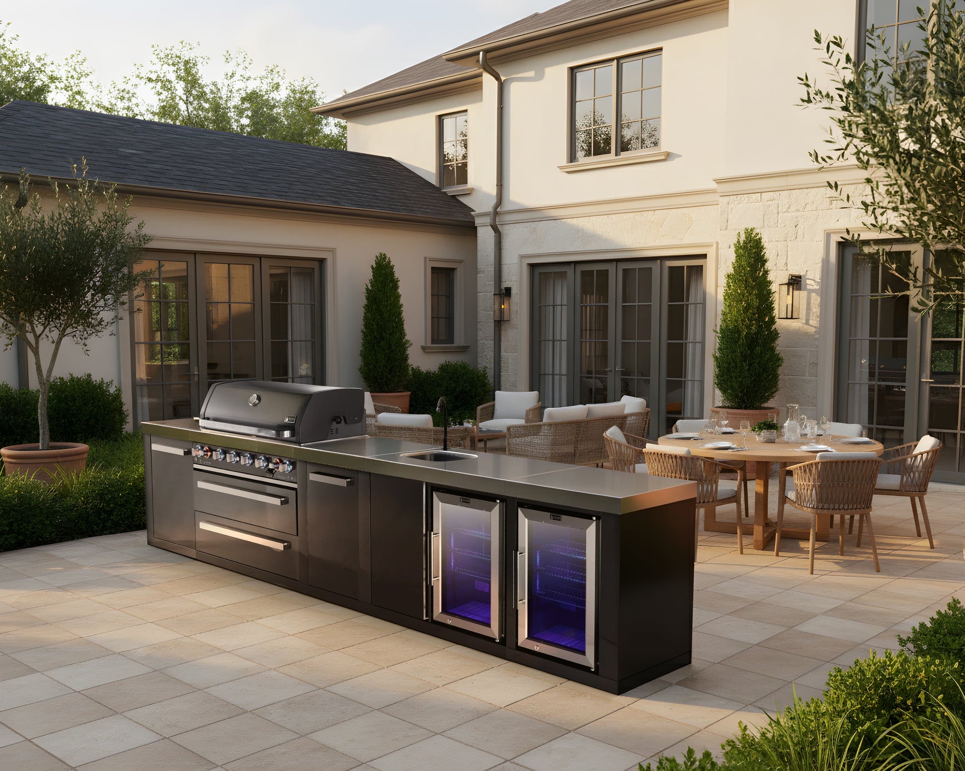 Mont Alpi outdoor kitchen with black stainless grill, sink, refrigerator, and dining table on a stylish patio.