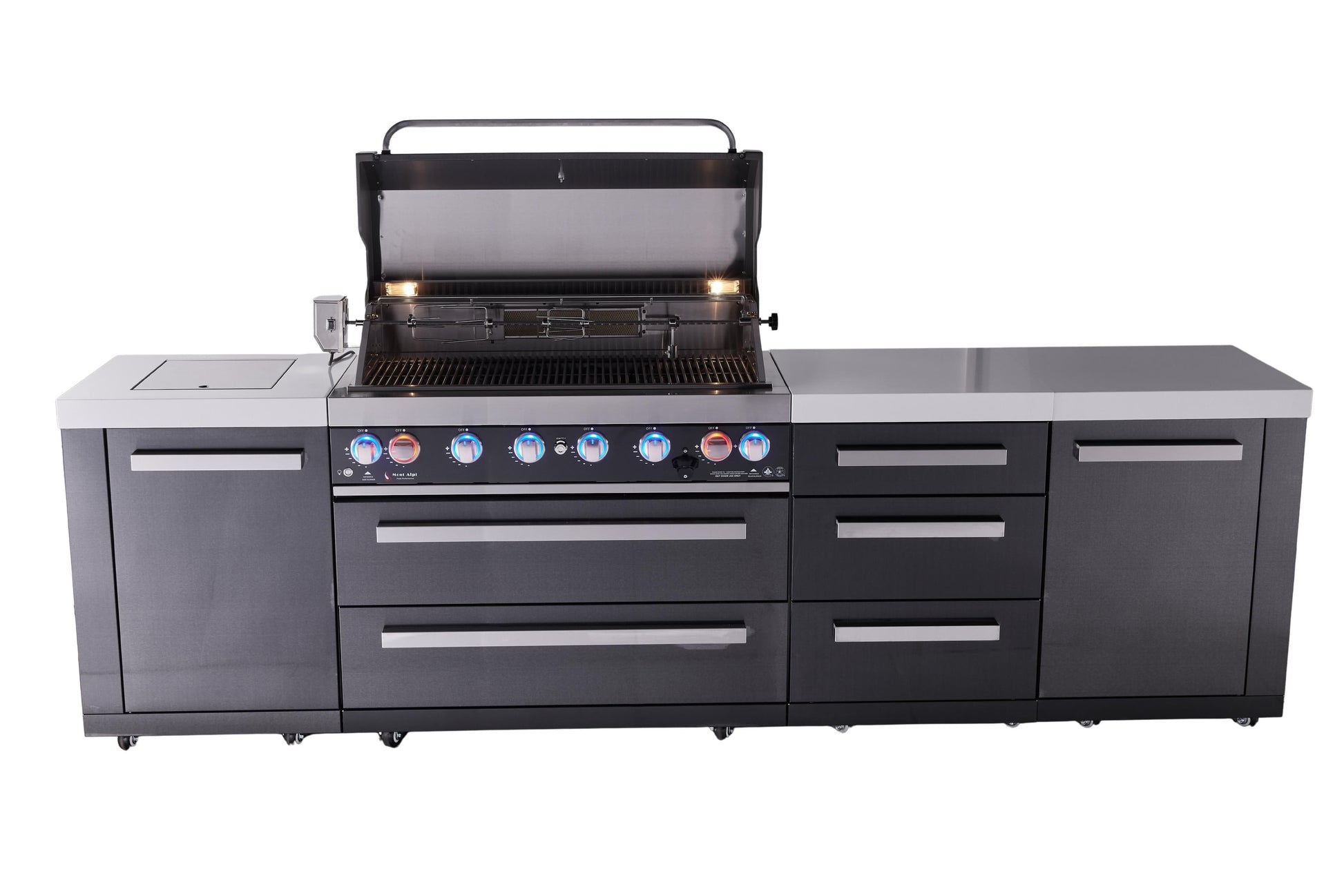 Mont Alpi Islands Mont Alpi 805 Black Stainless Steel Island with Drawer Cabinet | 6-Burner Grill, 3 Drawers | MAi805-BSSDR