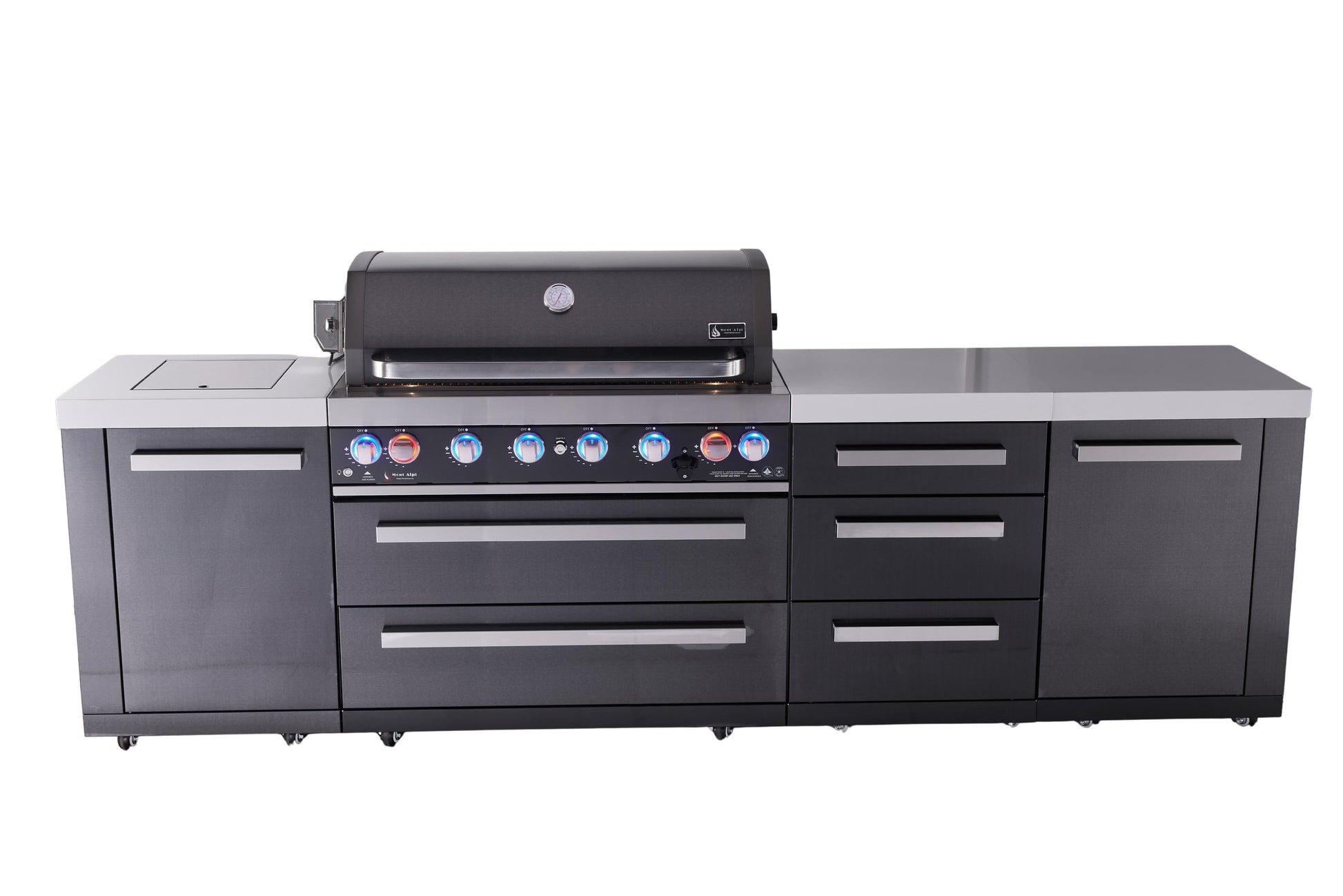 Mont Alpi Islands Mont Alpi 805 Black Stainless Steel Island with Drawer Cabinet | 6-Burner Grill, 3 Drawers | MAi805-BSSDR
