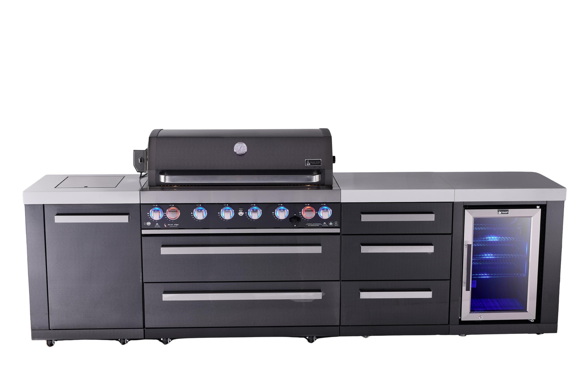 Mont Alpi Islands Mont Alpi 805 Black Stainless Steel Island with Drawer Cabinet and Fridge Cabinet | 6-Burner Grill, 3 Drawers, Fridge | MAi805-BSSDRFC