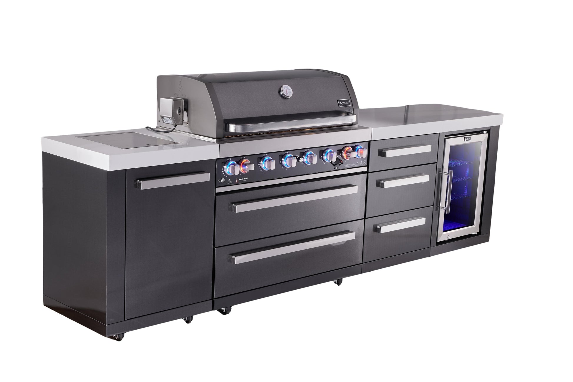 Mont Alpi Islands Mont Alpi 805 Black Stainless Steel Island with Drawer Cabinet and Fridge Cabinet | 6-Burner Grill, 3 Drawers, Fridge | MAi805-BSSDRFC