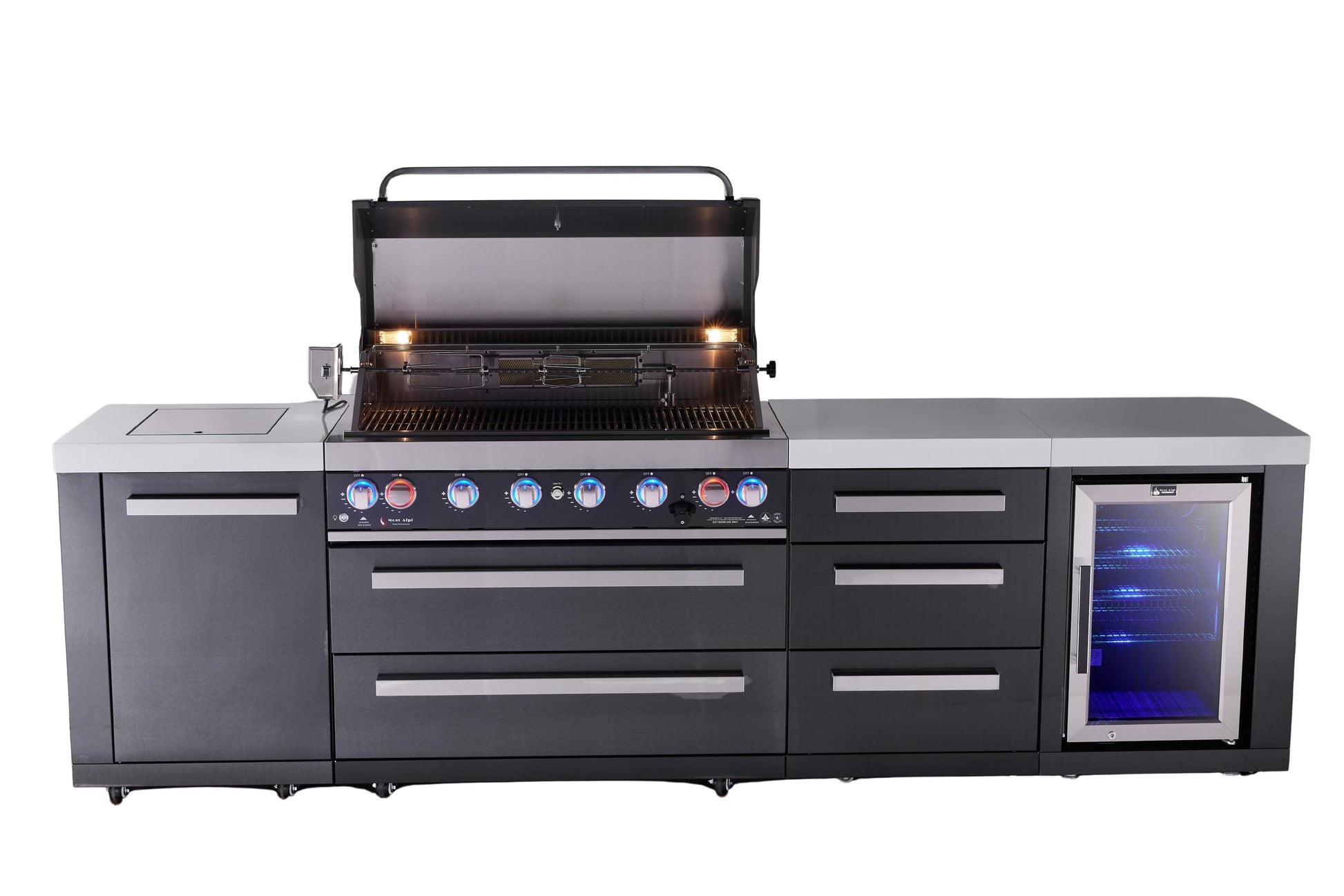 Mont Alpi Islands Mont Alpi 805 Black Stainless Steel Island with Drawer Cabinet and Fridge Cabinet | 6-Burner Grill, 3 Drawers, Fridge | MAi805-BSSDRFC