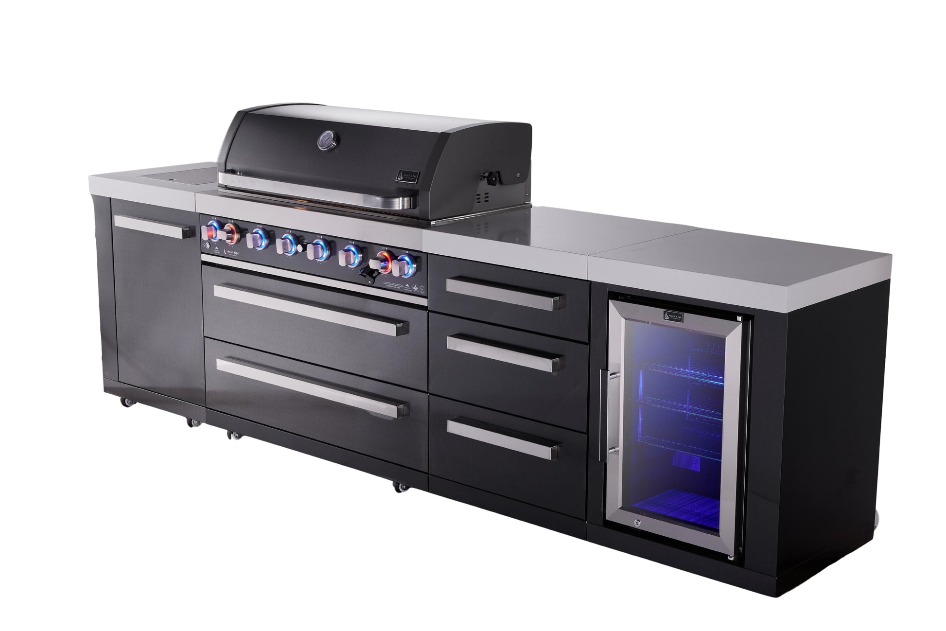 Mont Alpi Islands Mont Alpi 805 Black Stainless Steel Island with Drawer Cabinet and Fridge Cabinet | 6-Burner Grill, 3 Drawers, Fridge | MAi805-BSSDRFC