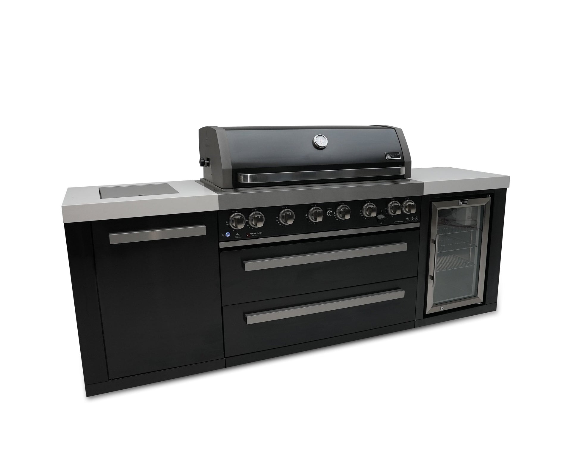 Mont Alpi Islands Mont Alpi 805 Black Stainless Steel Island with Fridge Cabinet / 6-Burner Grill, 2 Infrared Burners, Fridge  / MAi805-BSSFC