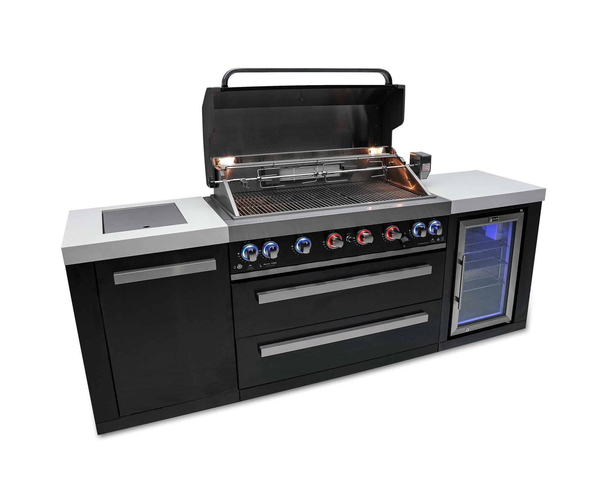 Mont Alpi Islands Mont Alpi 805 Black Stainless Steel Island with Fridge Cabinet / 6-Burner Grill, 2 Infrared Burners, Fridge  / MAi805-BSSFC