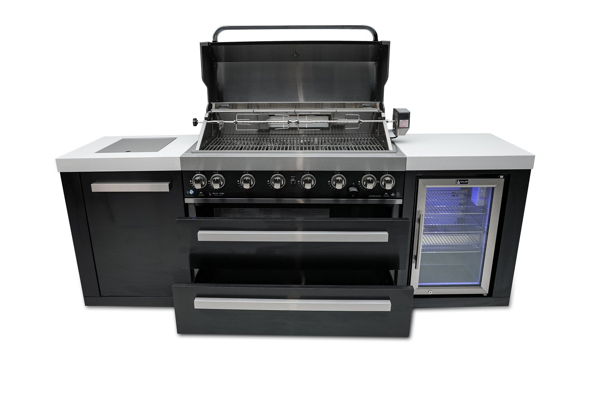 Mont Alpi Islands Mont Alpi 805 Black Stainless Steel Island with Fridge Cabinet / 6-Burner Grill, 2 Infrared Burners, Fridge  / MAi805-BSSFC