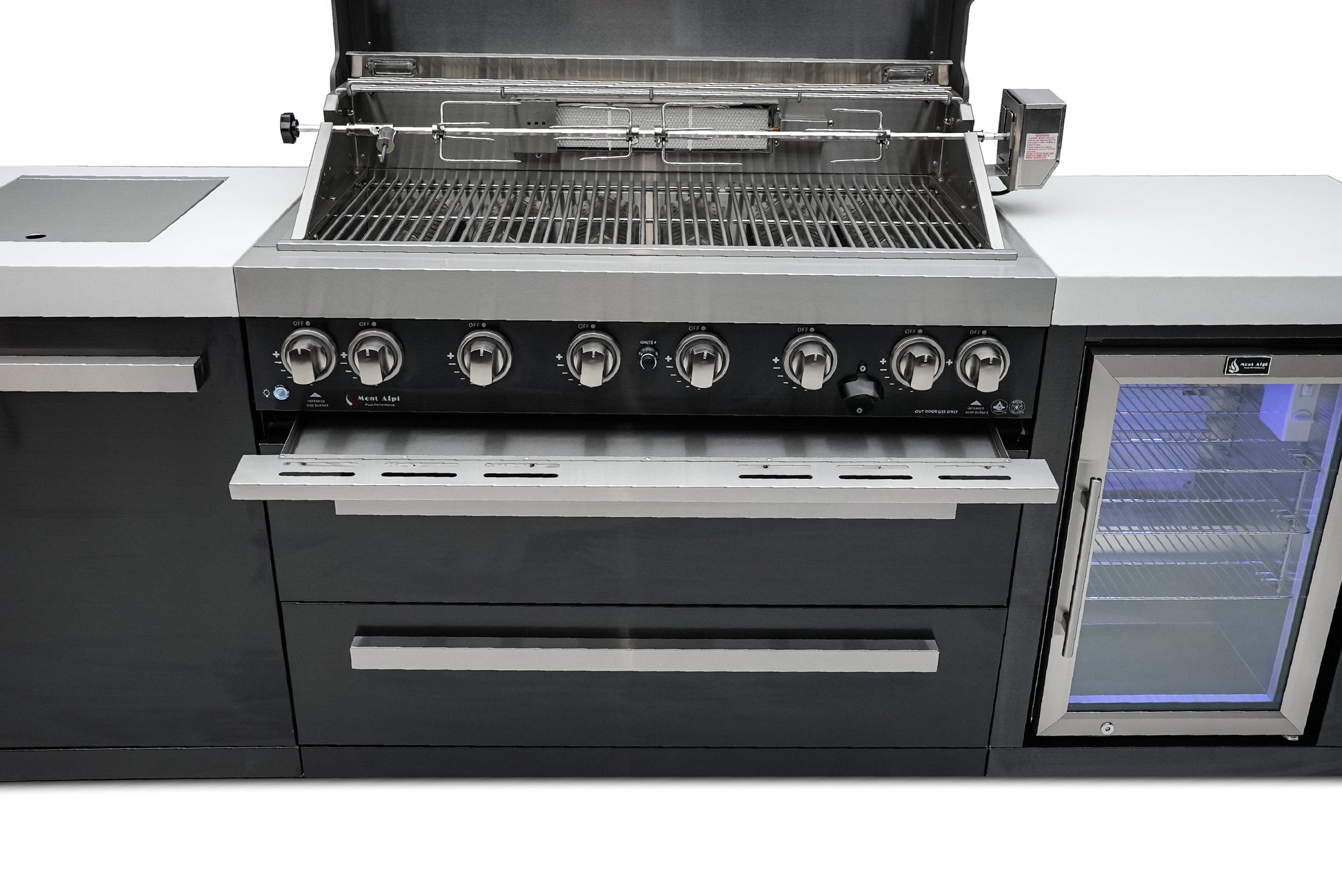 Mont Alpi Islands Mont Alpi 805 Black Stainless Steel Island with Fridge Cabinet / 6-Burner Grill, 2 Infrared Burners, Fridge  / MAi805-BSSFC