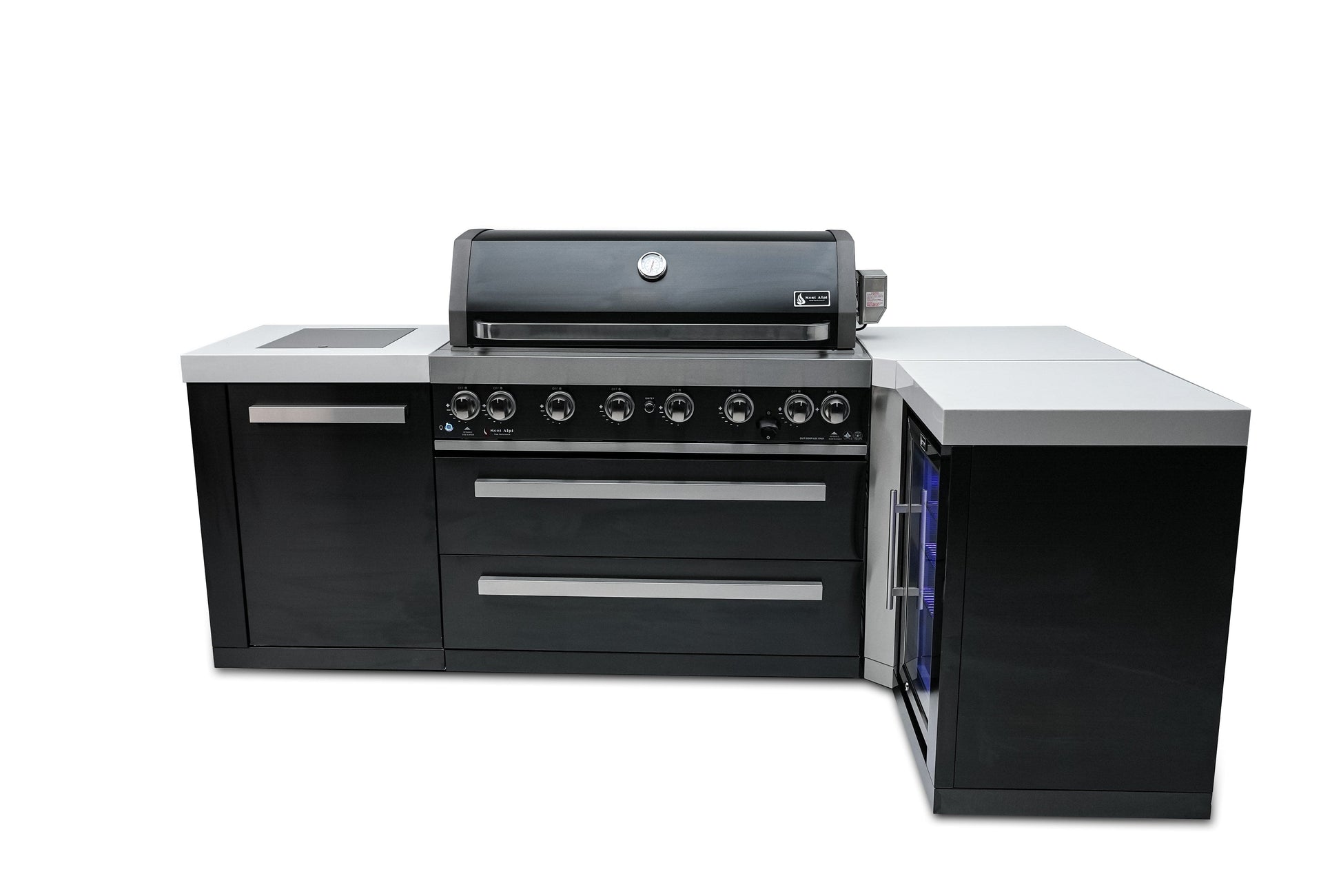 Mont Alpi Islands Mont Alpi 805 Black Stainless Steel Island with Fridge Cabinet and 90 Degree Corner / 6-Burner Grill, 2 Infrared Burners, Fridge / MAi805-BSS90FC