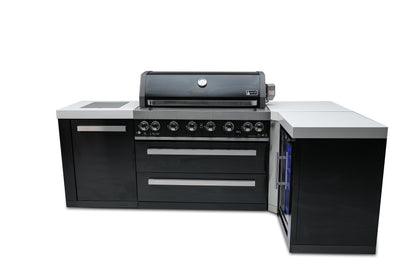 Mont Alpi Islands Mont Alpi 805 Black Stainless Steel Island with Fridge Cabinet and 90 Degree Corner / 6-Burner Grill, 2 Infrared Burners, Fridge / MAi805-BSS90FC