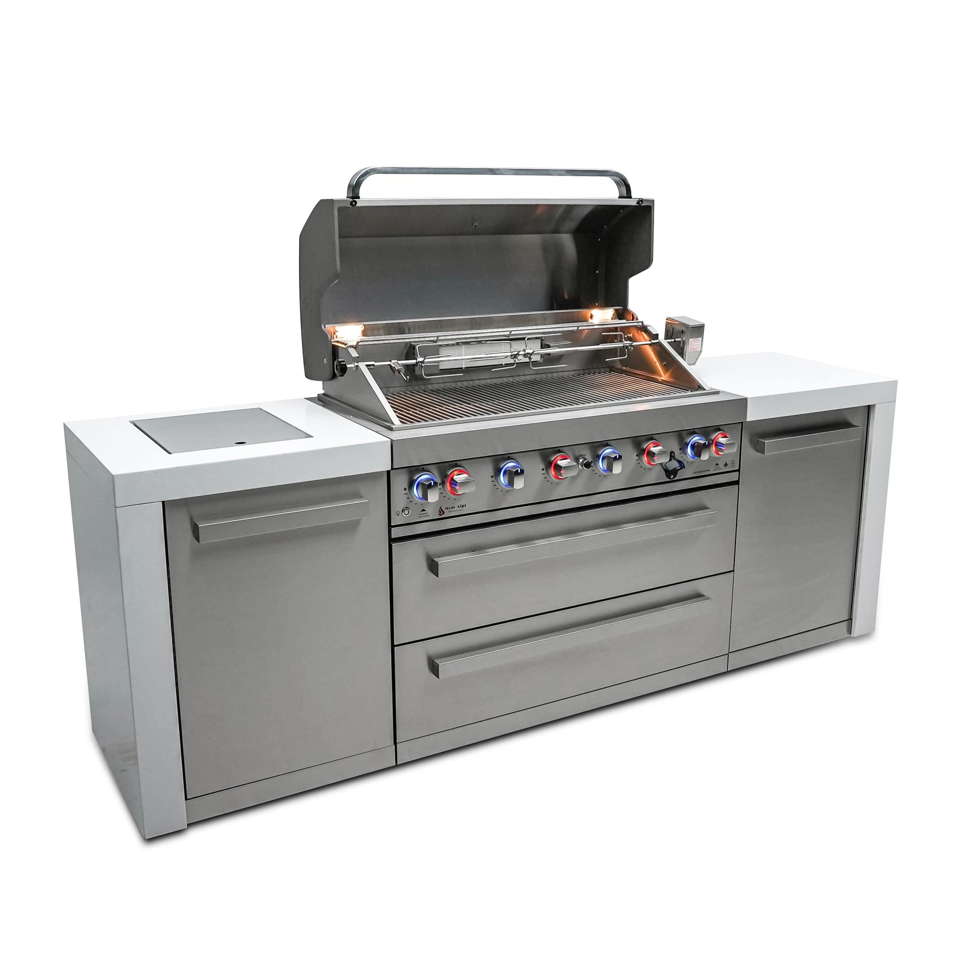Mont Alpi Islands Mont Alpi 805 Deluxe Island / 6-Burner Grill, 2 Infrared Burners, Stainless Steel, Rotisserie Kit, Cover / MAi805-D