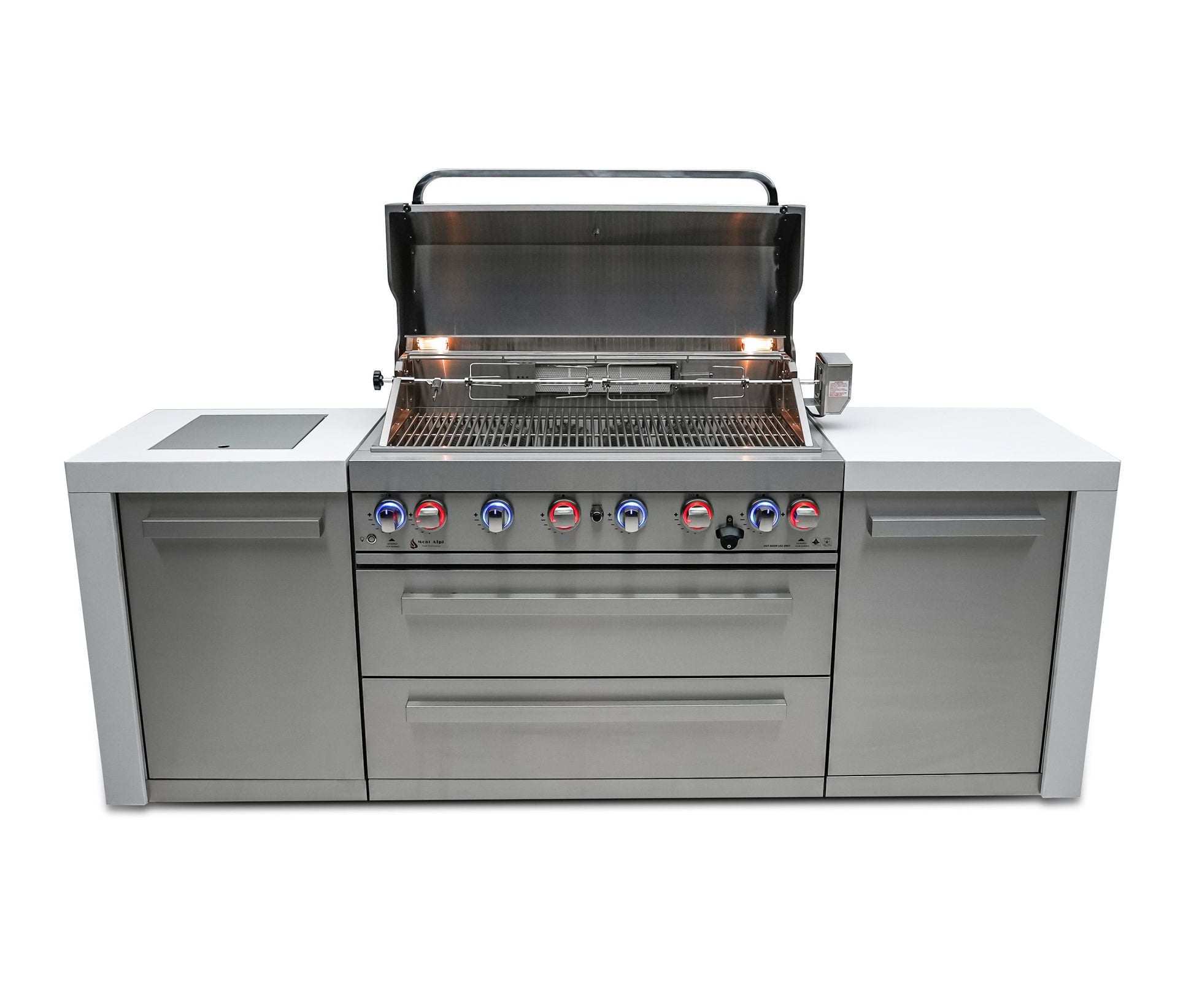 Mont Alpi Islands Mont Alpi 805 Deluxe Island / 6-Burner Grill, 2 Infrared Burners, Stainless Steel, Rotisserie Kit, Cover / MAi805-D