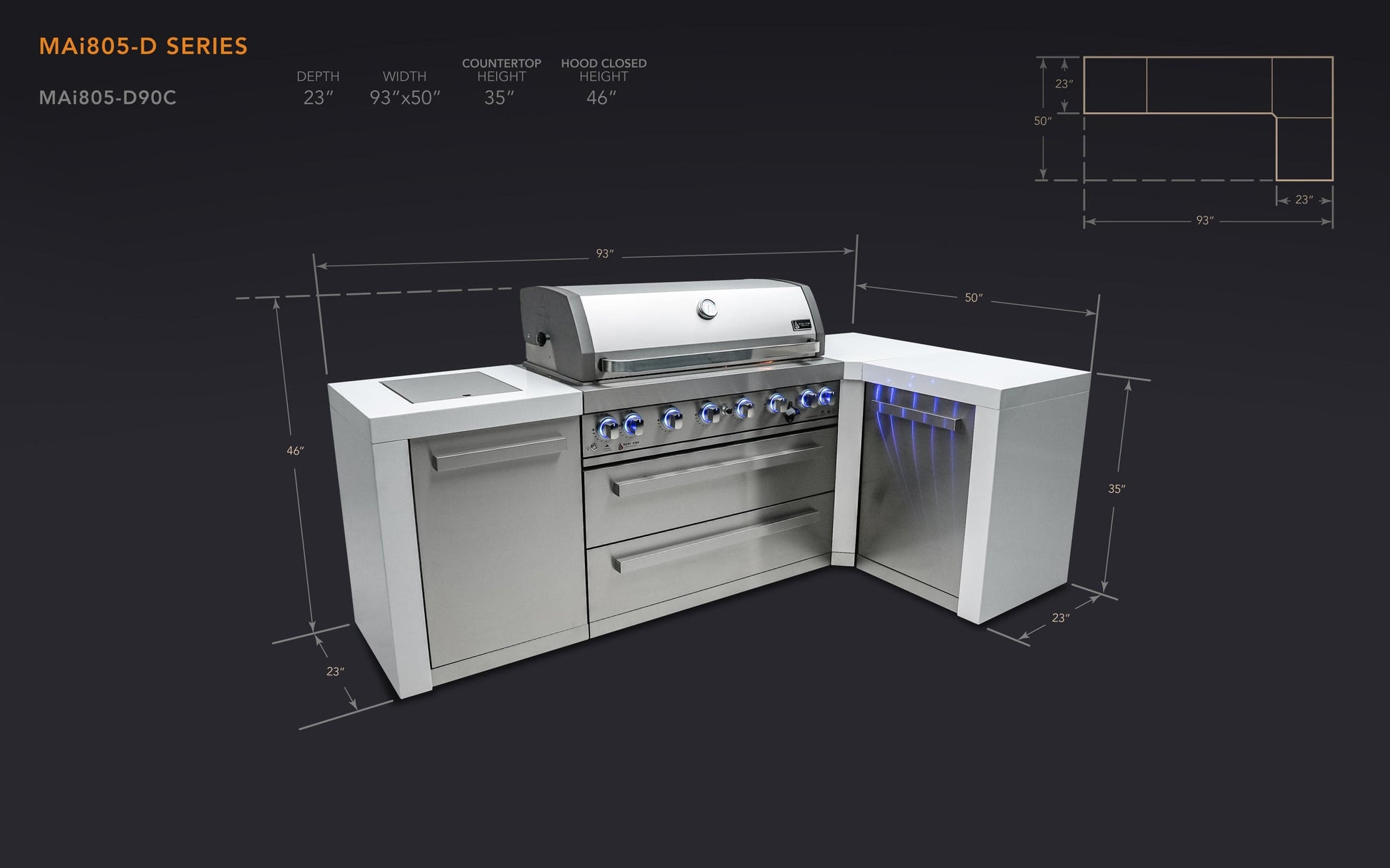 Mont Alpi Islands Mont Alpi 805 Deluxe Island with 90 Degree Corner / 6-Burner Grill, 2 Infrared Burners, Stainless Steel / MAi805-D90C