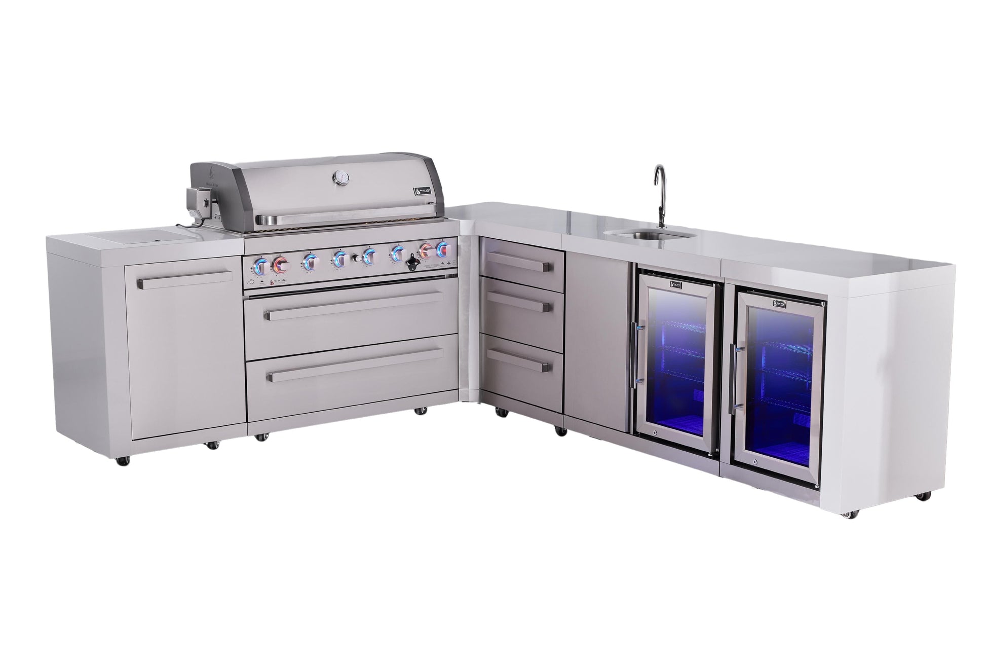 Mont Alpi Islands Mont Alpi 805 Deluxe Island with 90 Degree Corner, Beverage Center, Fridge Cabinet, Drawer Cabinet | 6-Burner Grill, 3 Drawers , Sink, 2 Fridges, Stainless Steel | MAi805-D90BEVFCDR