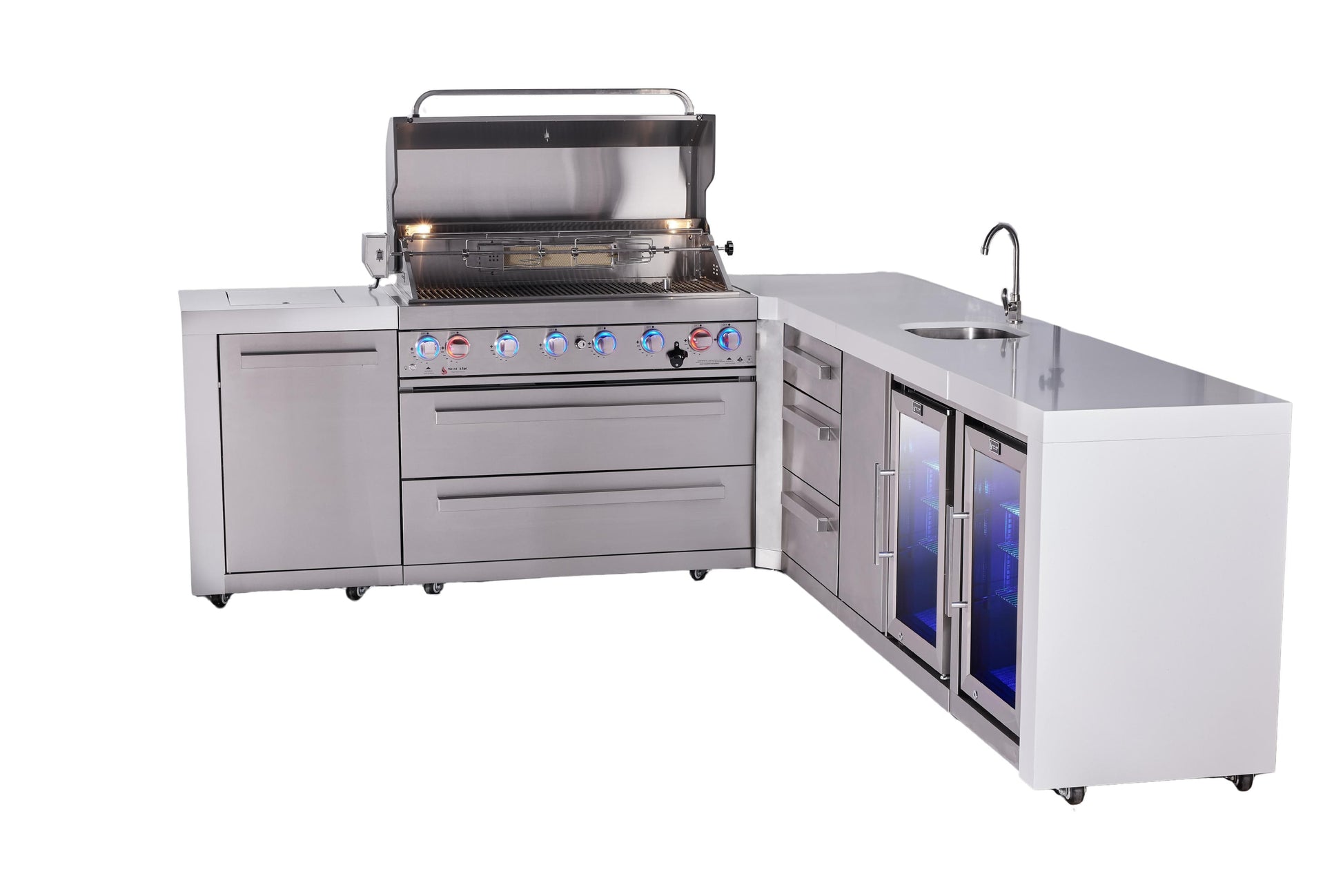 Mont Alpi Islands Mont Alpi 805 Deluxe Island with 90 Degree Corner, Beverage Center, Fridge Cabinet, Drawer Cabinet | 6-Burner Grill, 3 Drawers , Sink, 2 Fridges, Stainless Steel | MAi805-D90BEVFCDR