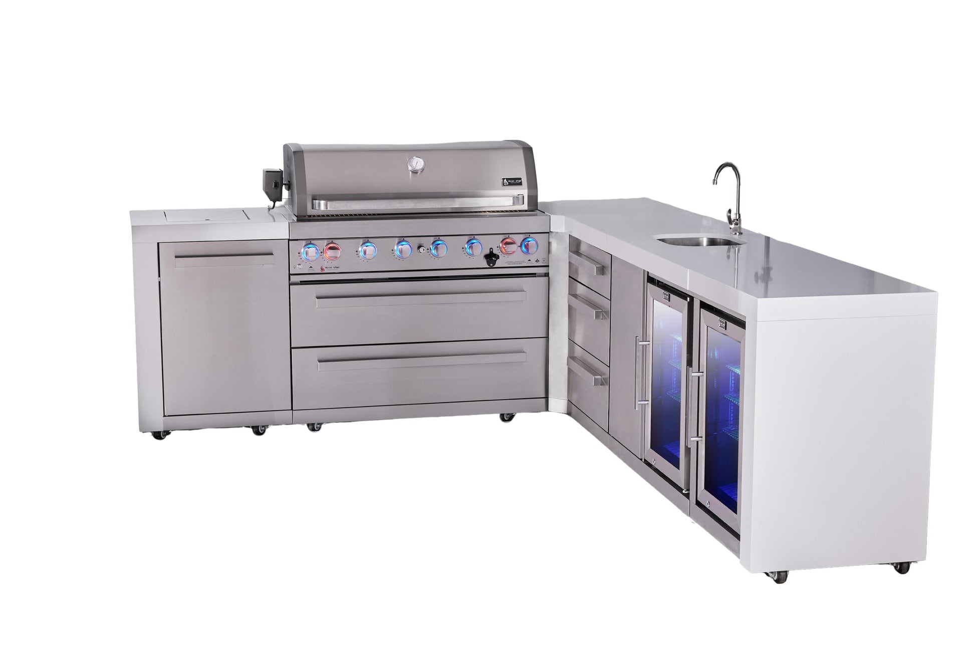 Mont Alpi Islands Mont Alpi 805 Deluxe Island with 90 Degree Corner, Beverage Center, Fridge Cabinet, Drawer Cabinet | 6-Burner Grill, 3 Drawers , Sink, 2 Fridges, Stainless Steel | MAi805-D90BEVFCDR