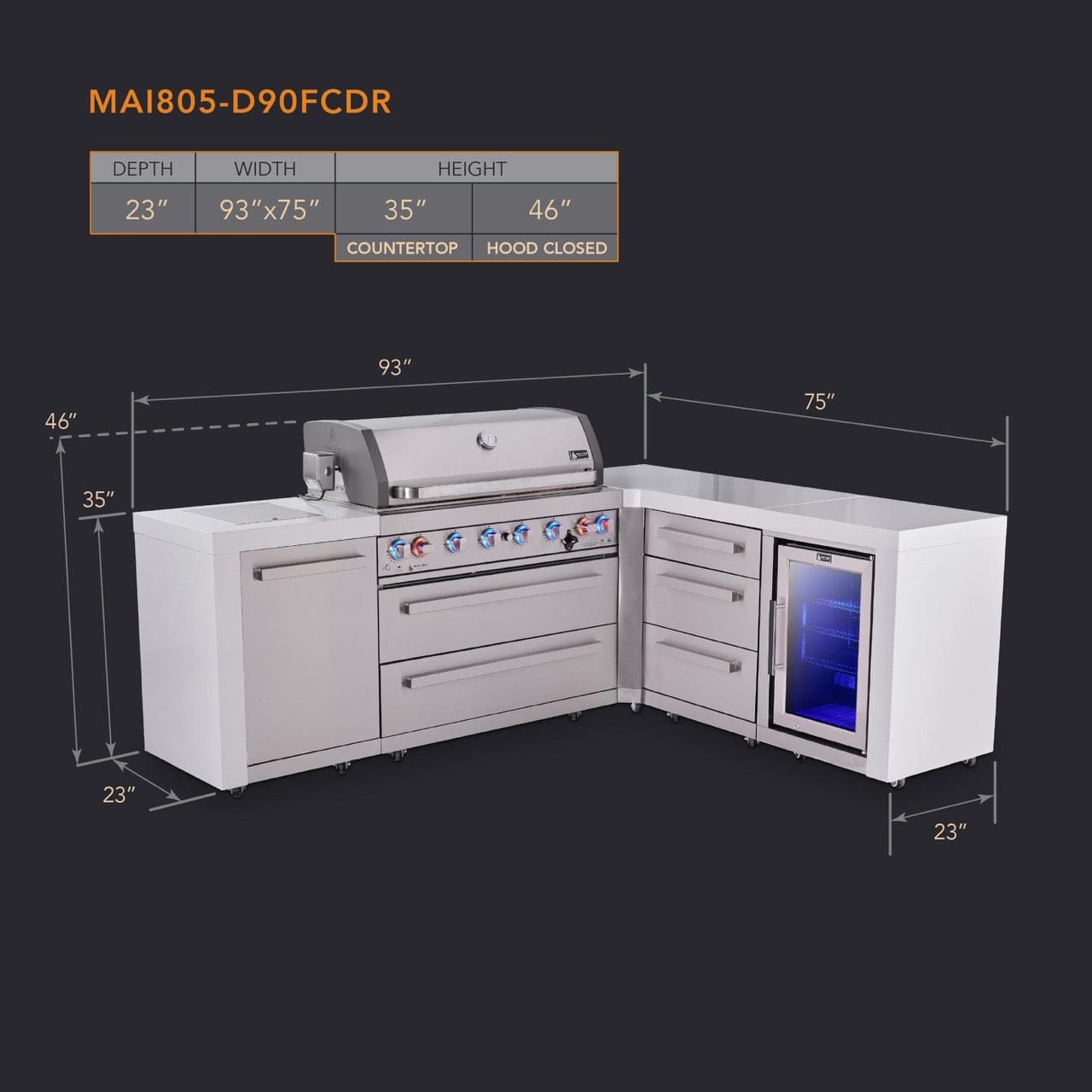 Mont Alpi Islands Mont Alpi 805 Deluxe Island with 90 Degree Corner, Fridge Cabinet, and Drawer Cabinet | 6-Burner Grill, 3 Drawers, Fridge, Stainless Steel | MAi805-D90FCDR