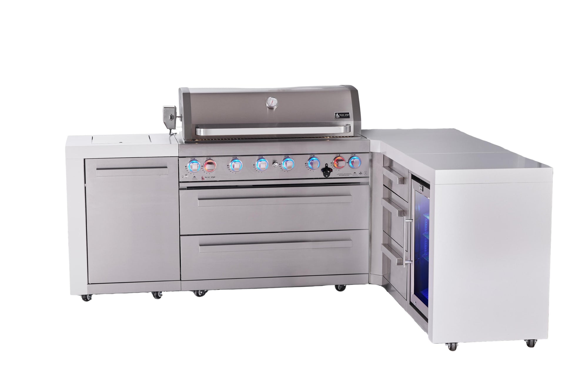 Mont Alpi Islands Mont Alpi 805 Deluxe Island with 90 Degree Corner, Fridge Cabinet, and Drawer Cabinet | 6-Burner Grill, 3 Drawers, Fridge, Stainless Steel | MAi805-D90FCDR