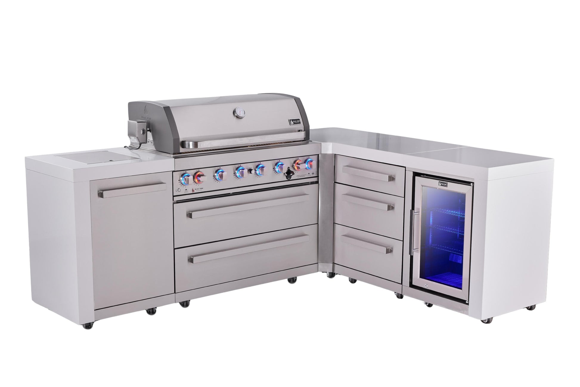 Mont Alpi Islands Mont Alpi 805 Deluxe Island with 90 Degree Corner, Fridge Cabinet, and Drawer Cabinet | 6-Burner Grill, 3 Drawers, Fridge, Stainless Steel | MAi805-D90FCDR