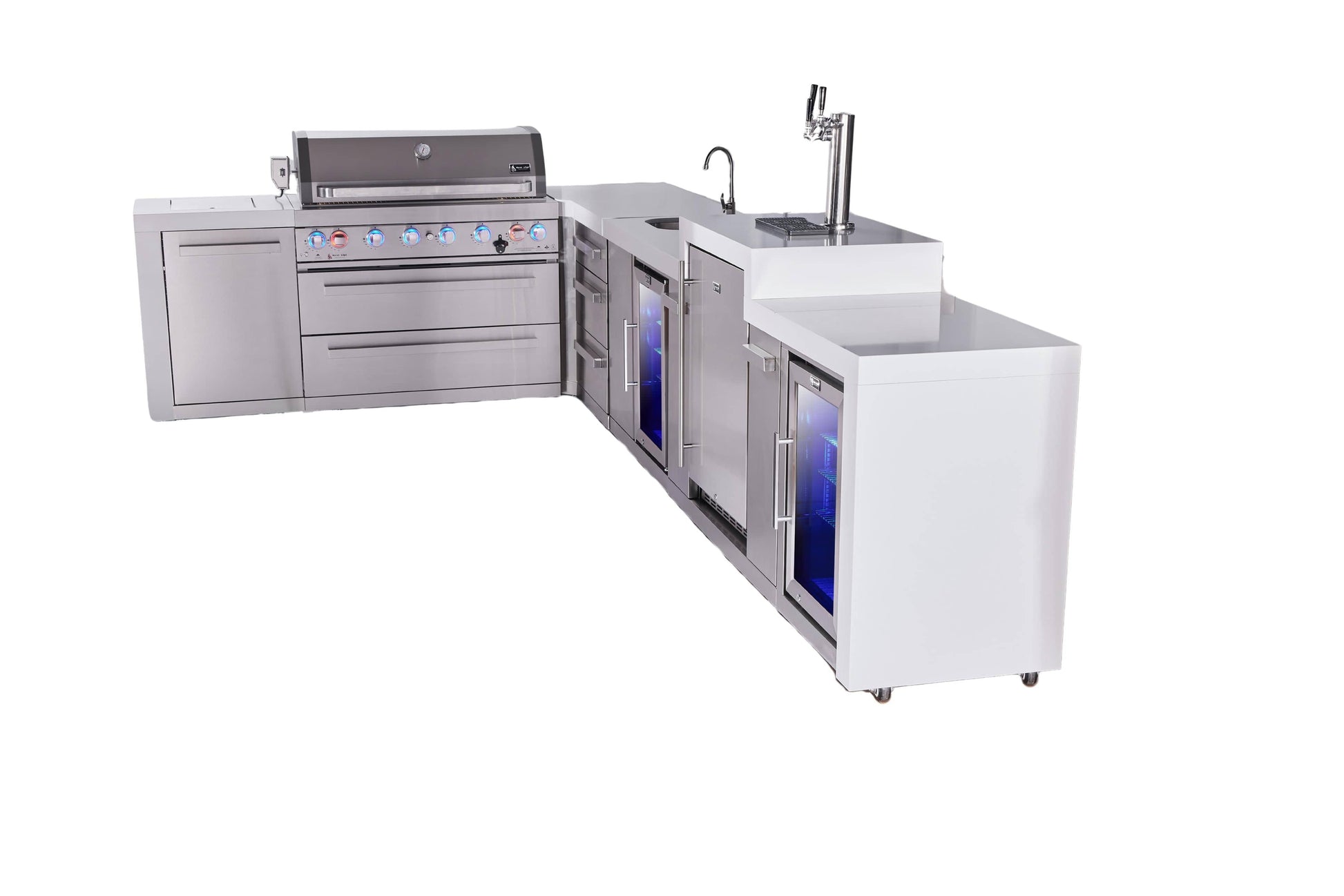 Mont Alpi Islands Mont Alpi 805 Deluxe Island with 90 Degree Corner, Kegeragor, Beverage Center, Fridge Cabinet, Drawer Cabinet | 6-Burner Grill, 3 Drawers, 3 Beer Taps, Sink, 2 Fridges, Stainless Steel | MAi805-D90KEGBEVFCDR