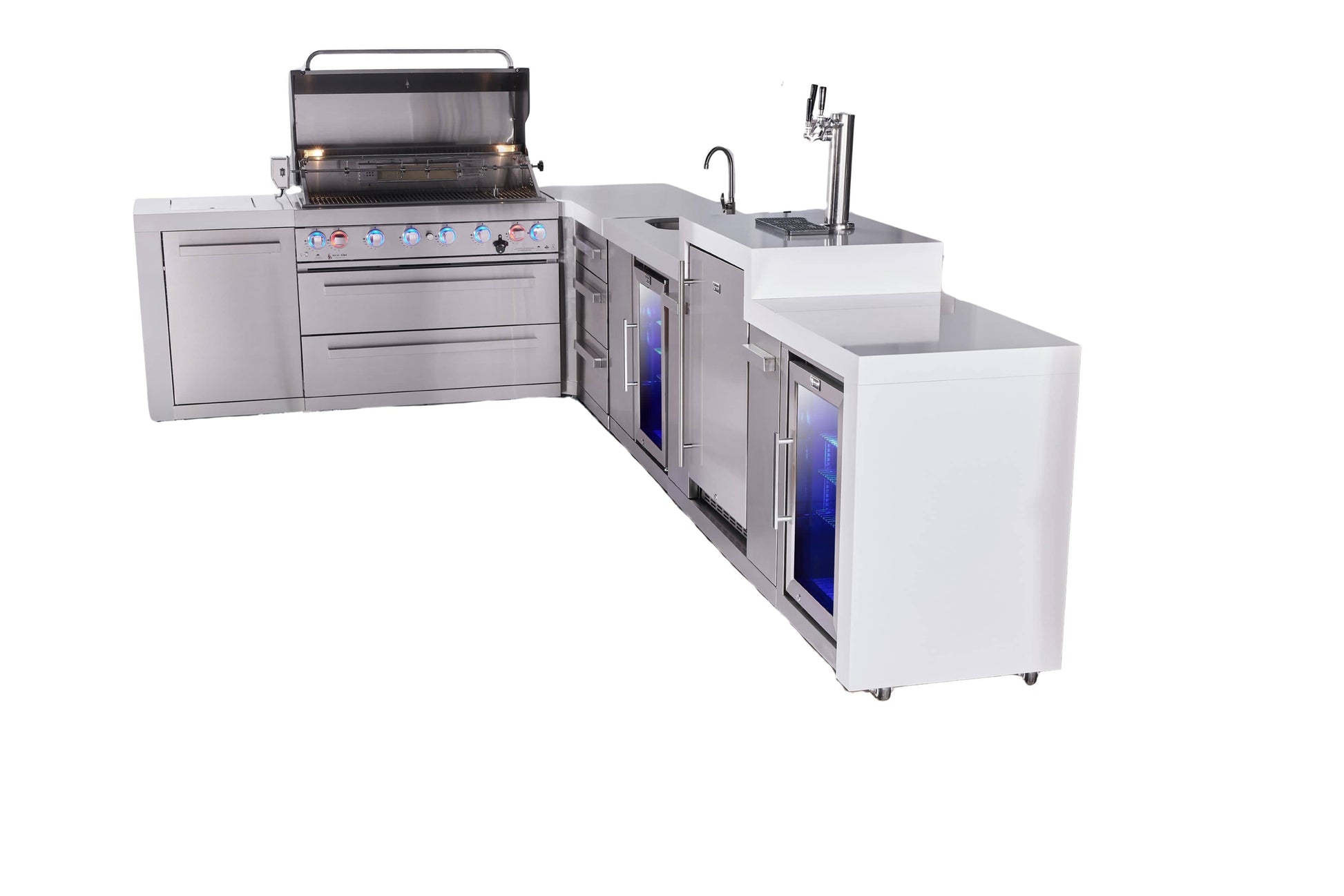 Mont Alpi Islands Mont Alpi 805 Deluxe Island with 90 Degree Corner, Kegeragor, Beverage Center, Fridge Cabinet, Drawer Cabinet | 6-Burner Grill, 3 Drawers, 3 Beer Taps, Sink, 2 Fridges, Stainless Steel | MAi805-D90KEGBEVFCDR