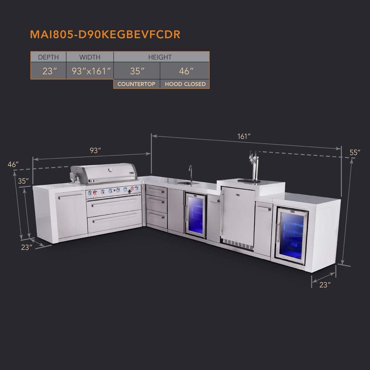 Mont Alpi Islands Mont Alpi 805 Deluxe Island with 90 Degree Corner, Kegeragor, Beverage Center, Fridge Cabinet, Drawer Cabinet | 6-Burner Grill, 3 Drawers, 3 Beer Taps, Sink, 2 Fridges, Stainless Steel | MAi805-D90KEGBEVFCDR