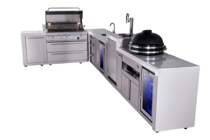 Mont Alpi Islands Mont Alpi 805 Deluxe Island with 90 Degree Corner, Kegerator, Beverage Center, Fridge Cabinet, Kamado, Drawer Cabinet | 6-Burner Grill, 3 Drawers, 3 Beer Taps Sink, 2 Fridges, Stainless Steel | MAi805-D90KEGBEVFCKAMDR