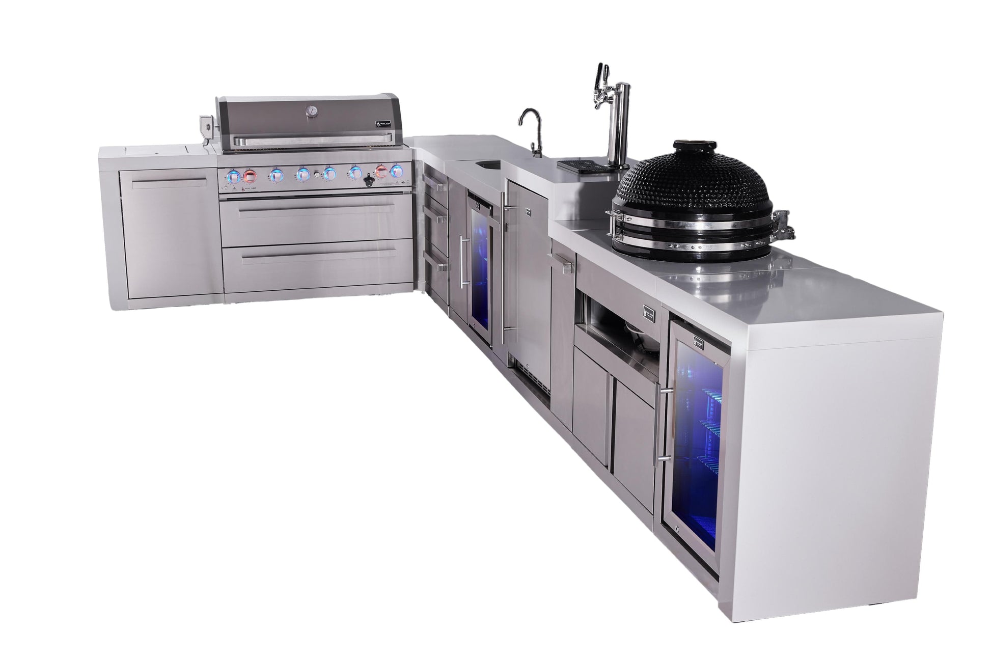 Mont Alpi Islands Mont Alpi 805 Deluxe Island with 90 Degree Corner, Kegerator, Beverage Center, Fridge Cabinet, Kamado, Drawer Cabinet | 6-Burner Grill, 3 Drawers, 3 Beer Taps Sink, 2 Fridges, Stainless Steel | MAi805-D90KEGBEVFCKAMDR
