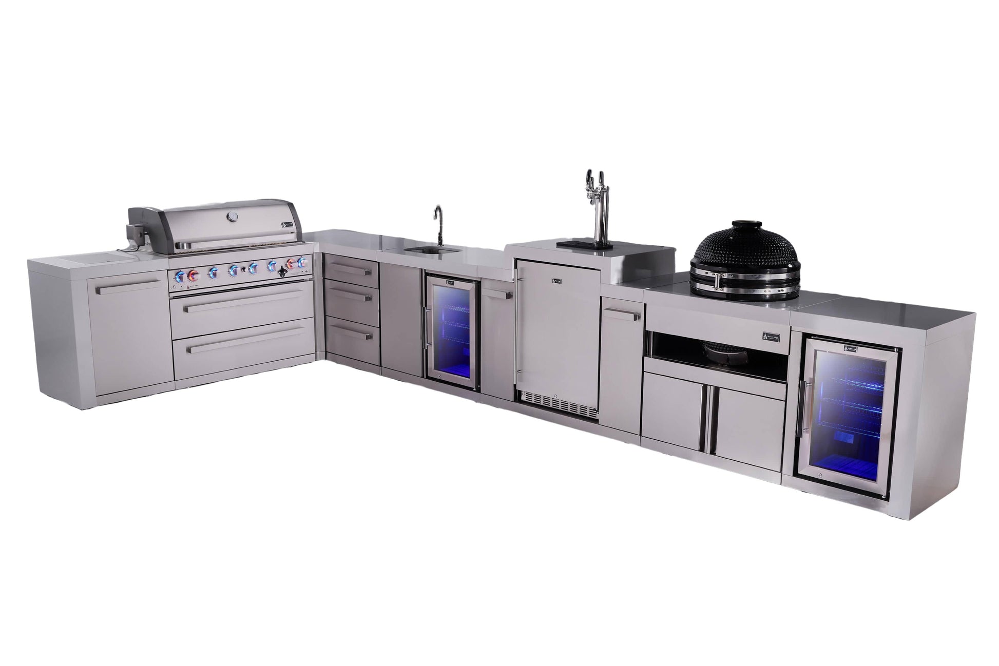 Mont Alpi Islands Mont Alpi 805 Deluxe Island with 90 Degree Corner, Kegerator, Beverage Center, Fridge Cabinet, Kamado, Drawer Cabinet | 6-Burner Grill, 3 Drawers, 3 Beer Taps Sink, 2 Fridges, Stainless Steel | MAi805-D90KEGBEVFCKAMDR