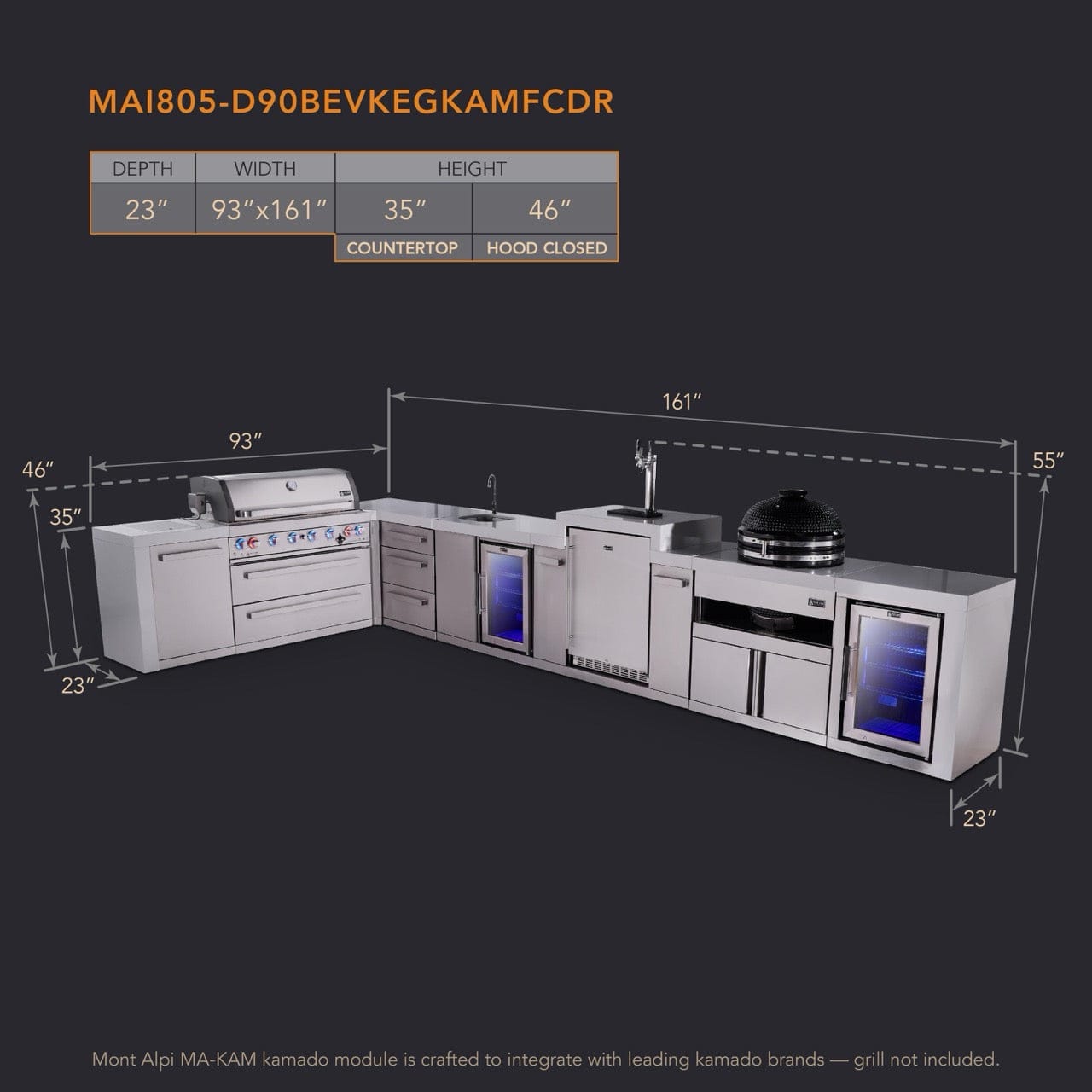 Mont Alpi Islands Mont Alpi 805 Deluxe Island with 90 Degree Corner, Kegerator, Beverage Center, Fridge Cabinet, Kamado, Drawer Cabinet | 6-Burner Grill, 3 Drawers, 3 Beer Taps Sink, 2 Fridges, Stainless Steel | MAi805-D90KEGBEVFCKAMDR