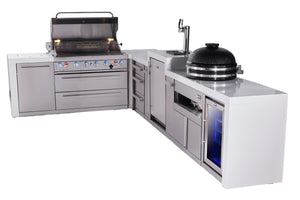 Mont Alpi Islands Mont Alpi 805 Deluxe Island with 90 Degree Corner, Kegerator, Fridge Cabinet, Kamado Grill, Drawer Cabinet | 6-Burner Grill, 3 Drawers, 3 Beer Taps, Fridge, Stainless Steel | MAi805-D90KEGFCKAMDR