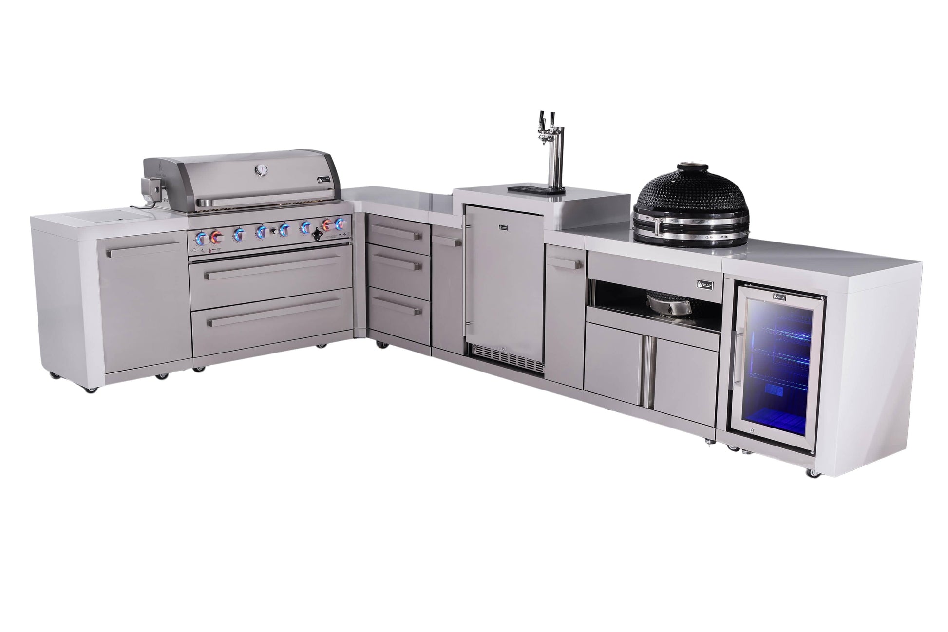 Mont Alpi Islands Mont Alpi 805 Deluxe Island with 90 Degree Corner, Kegerator, Fridge Cabinet, Kamado Grill, Drawer Cabinet | 6-Burner Grill, 3 Drawers, 3 Beer Taps, Fridge, Stainless Steel | MAi805-D90KEGFCKAMDR