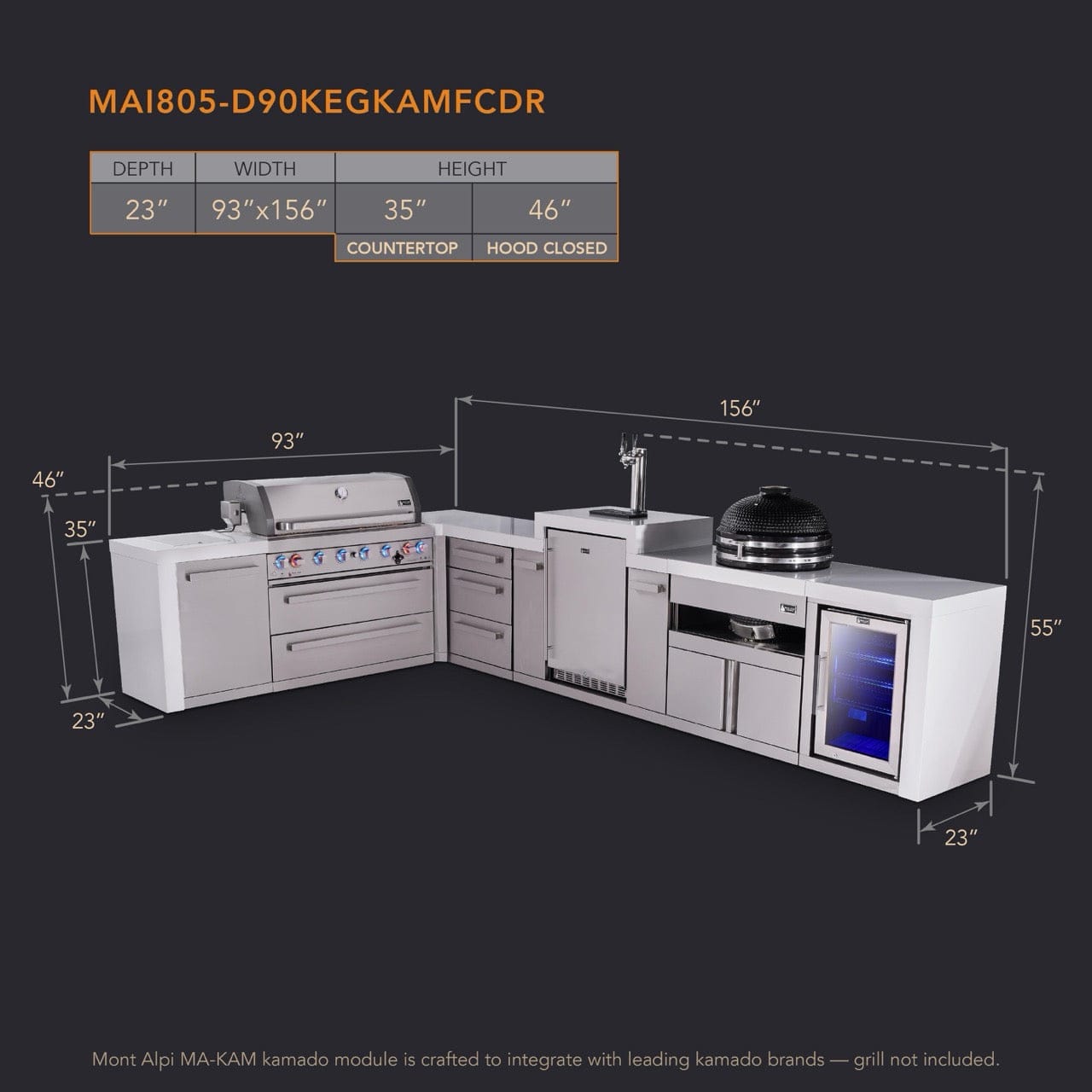Mont Alpi Islands Mont Alpi 805 Deluxe Island with 90 Degree Corner, Kegerator, Fridge Cabinet, Kamado Grill, Drawer Cabinet | 6-Burner Grill, 3 Drawers, 3 Beer Taps, Fridge, Stainless Steel | MAi805-D90KEGFCKAMDR