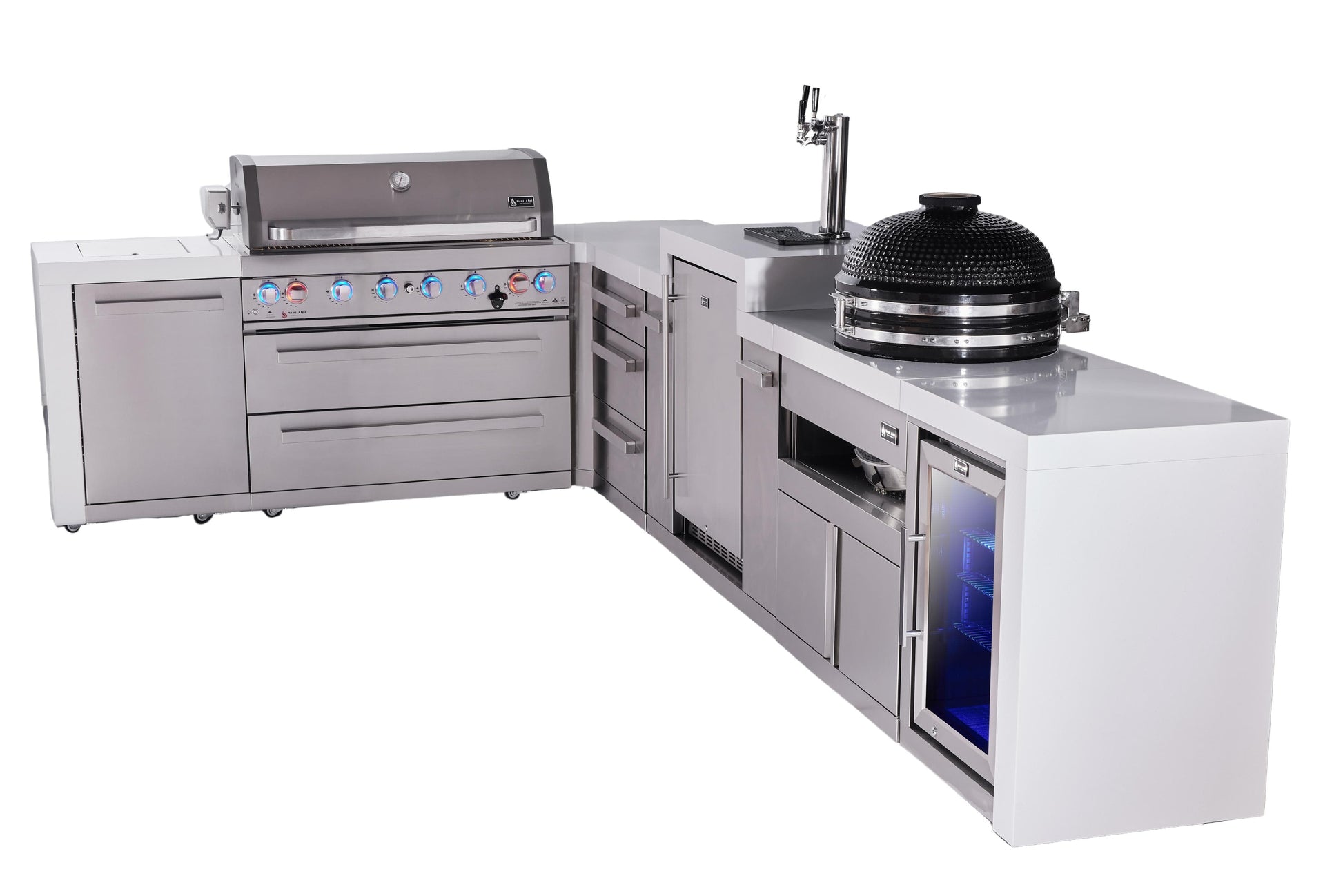 Mont Alpi Islands Mont Alpi 805 Deluxe Island with 90 Degree Corner, Kegerator, Fridge Cabinet, Kamado Grill, Drawer Cabinet | 6-Burner Grill, 3 Drawers, 3 Beer Taps, Fridge, Stainless Steel | MAi805-D90KEGFCKAMDR