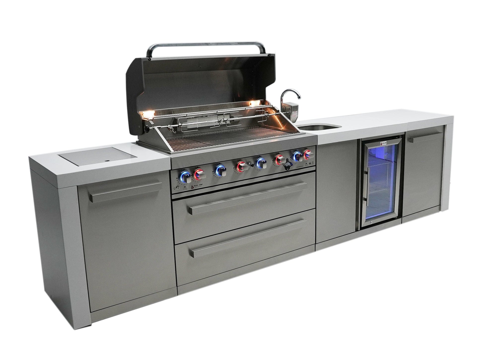 Mont Alpi Islands Mont Alpi 805 Deluxe Island with Beverage Center / 6-Burner Grill, 2 Infrared Burners, Sink, Fridge, Stainless Steel / MAi805-DBEV