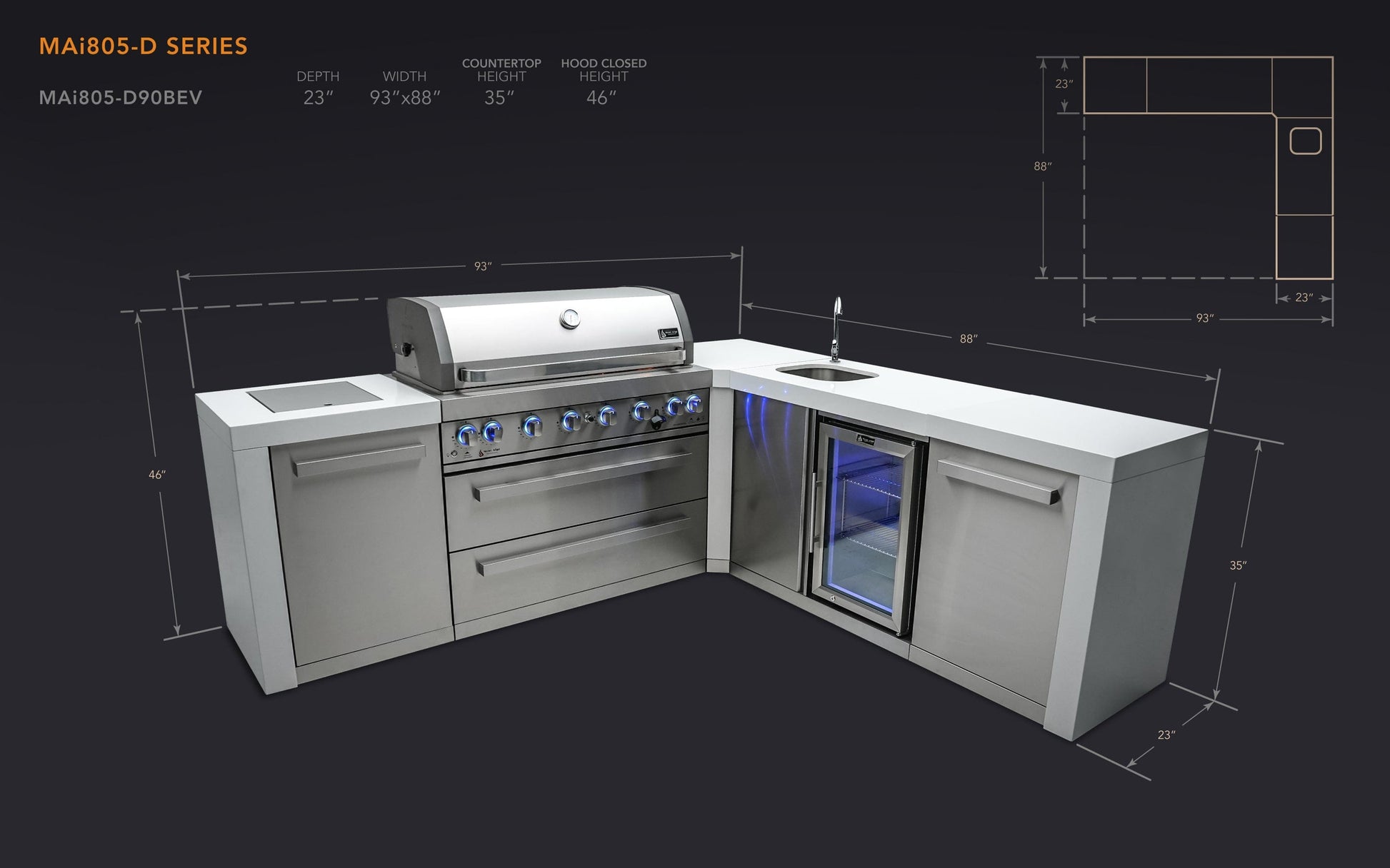 Mont Alpi Islands Mont Alpi 805 Deluxe Island with Beverage Center and 90 Degree Corner / 6-Burner Grill, 2 Infrared Burners, Sink, Fridge, Stainless Steel / MAi805-DBEV90C