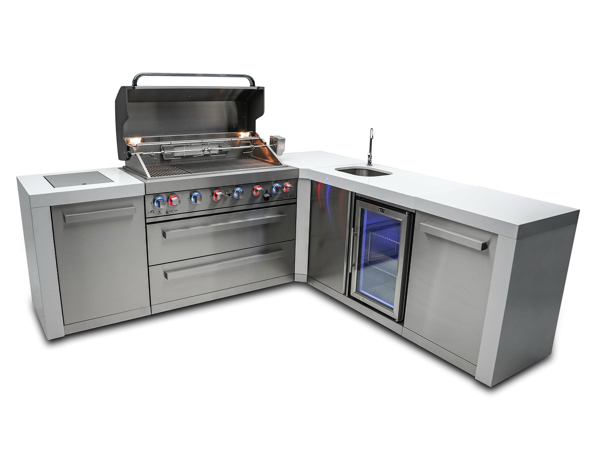 Mont Alpi Islands Mont Alpi 805 Deluxe Island with Beverage Center and 90 Degree Corner / 6-Burner Grill, 2 Infrared Burners, Sink, Fridge, Stainless Steel / MAi805-DBEV90C