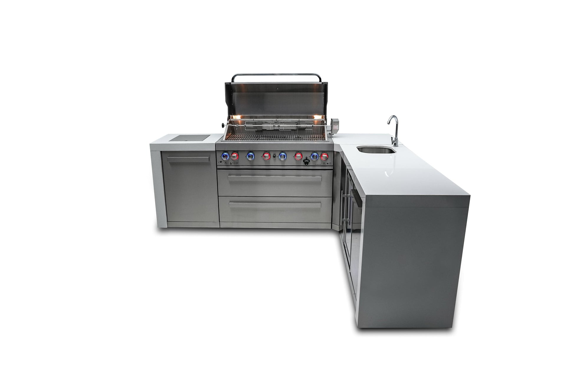 Mont Alpi Islands Mont Alpi 805 Deluxe Island with Beverage Center and 90 Degree Corner / 6-Burner Grill, 2 Infrared Burners, Sink, Fridge, Stainless Steel / MAi805-DBEV90C