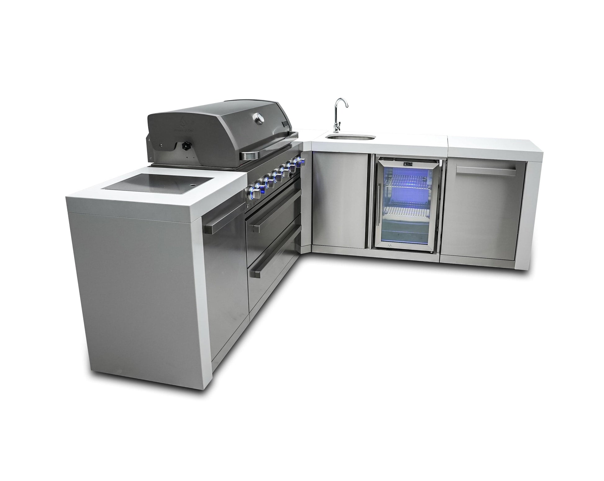 Mont Alpi Islands Mont Alpi 805 Deluxe Island with Beverage Center and 90 Degree Corner / 6-Burner Grill, 2 Infrared Burners, Sink, Fridge, Stainless Steel / MAi805-DBEV90C
