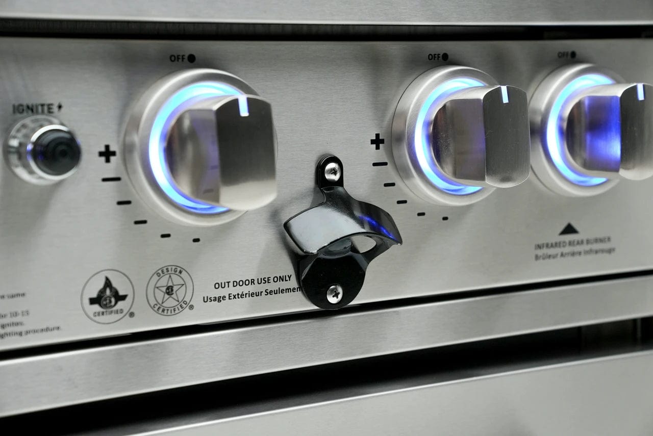 Mont Alpi Islands Mont Alpi 805 Deluxe Island with Beverage Center and 90 Degree Corner / 6-Burner Grill, 2 Infrared Burners, Sink, Fridge, Stainless Steel / MAi805-DBEV90C