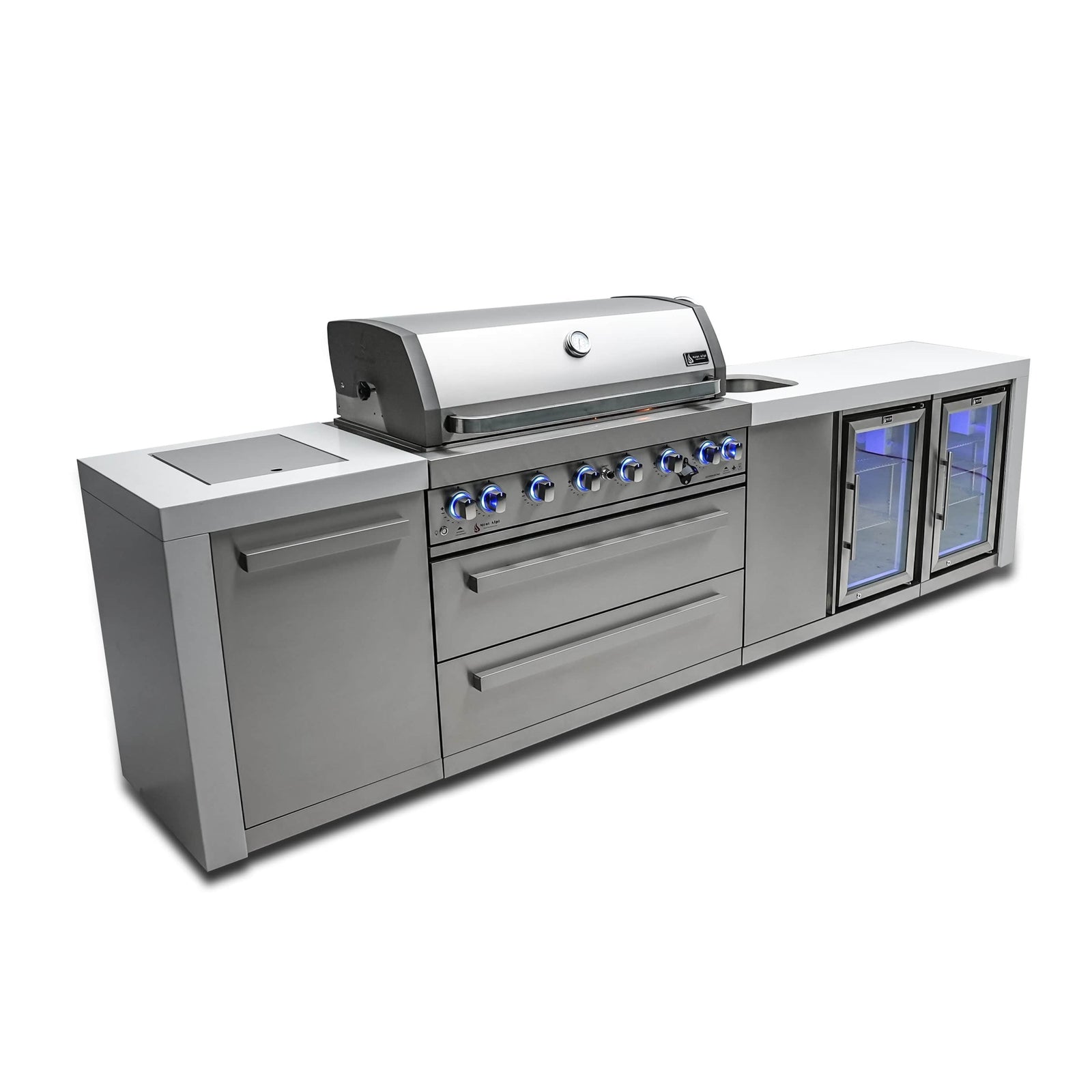 Mont Alpi Islands Mont Alpi 805 Deluxe Island with Beverage Center and Fridge Cabinet / 6-Burner Grill, 2 Infrared Burners, Sink, 2 Fridges, Stainless Steel / MAi805-DBEVFC