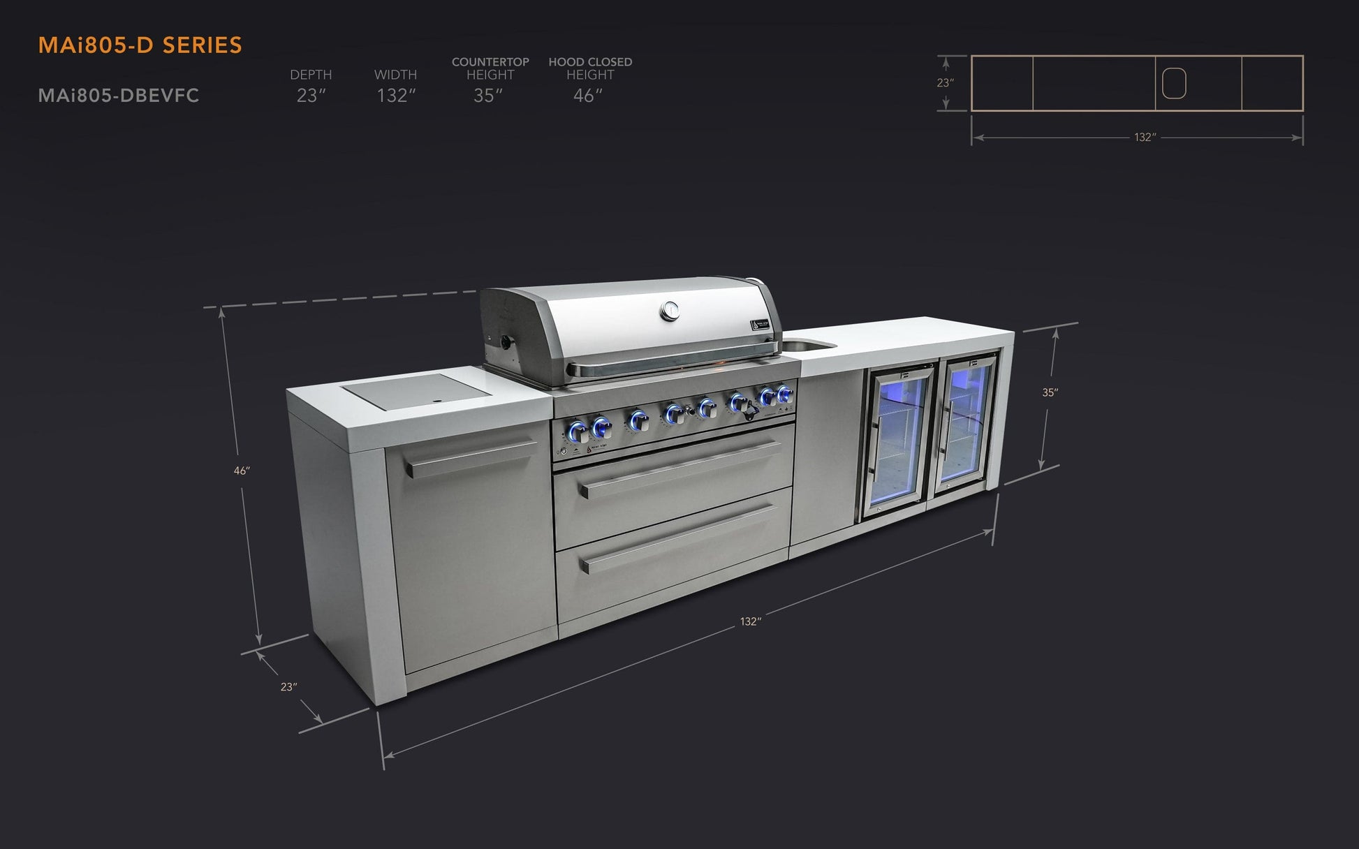 Mont Alpi Islands Mont Alpi 805 Deluxe Island with Beverage Center and Fridge Cabinet / 6-Burner Grill, 2 Infrared Burners, Sink, 2 Fridges, Stainless Steel / MAi805-DBEVFC