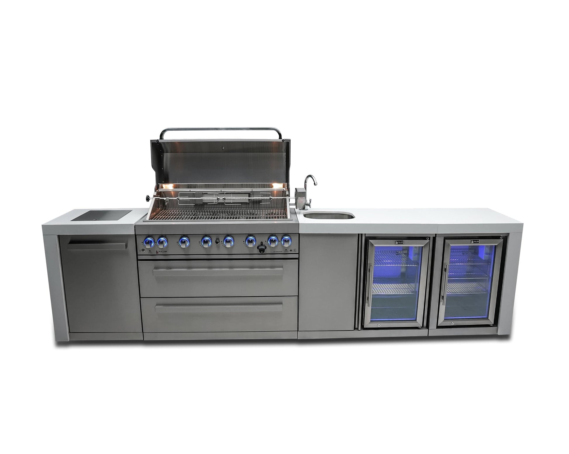 Mont Alpi Islands Mont Alpi 805 Deluxe Island with Beverage Center and Fridge Cabinet / 6-Burner Grill, 2 Infrared Burners, Sink, 2 Fridges, Stainless Steel / MAi805-DBEVFC