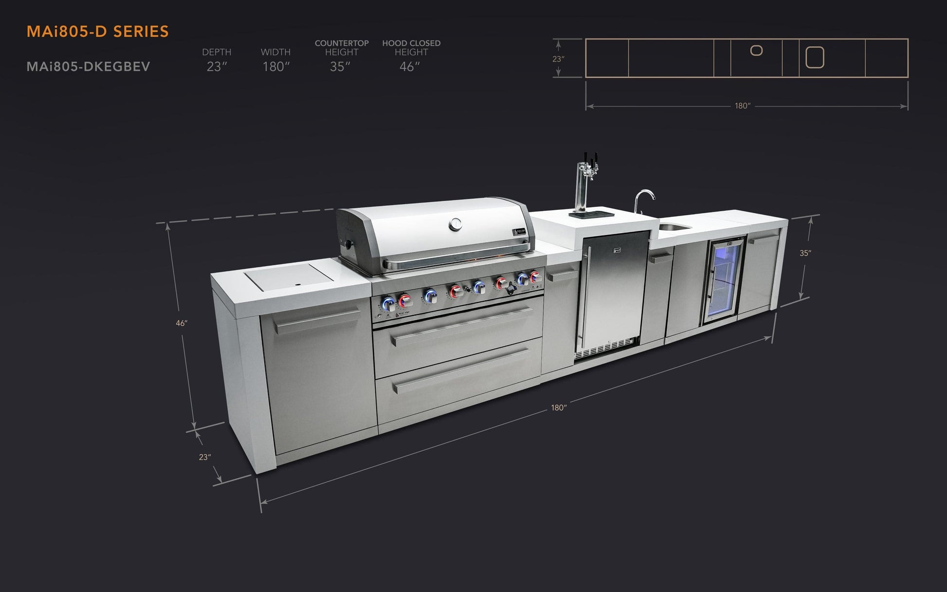 Mont Alpi Islands Mont Alpi 805 Deluxe Island with Beverage Center and Kegerator / 6-Burner Grill, 2 Infrared Burners, Sink, Fridge, 3 Beer Taps, Stainless Steel / MAi805-DKEGBEV