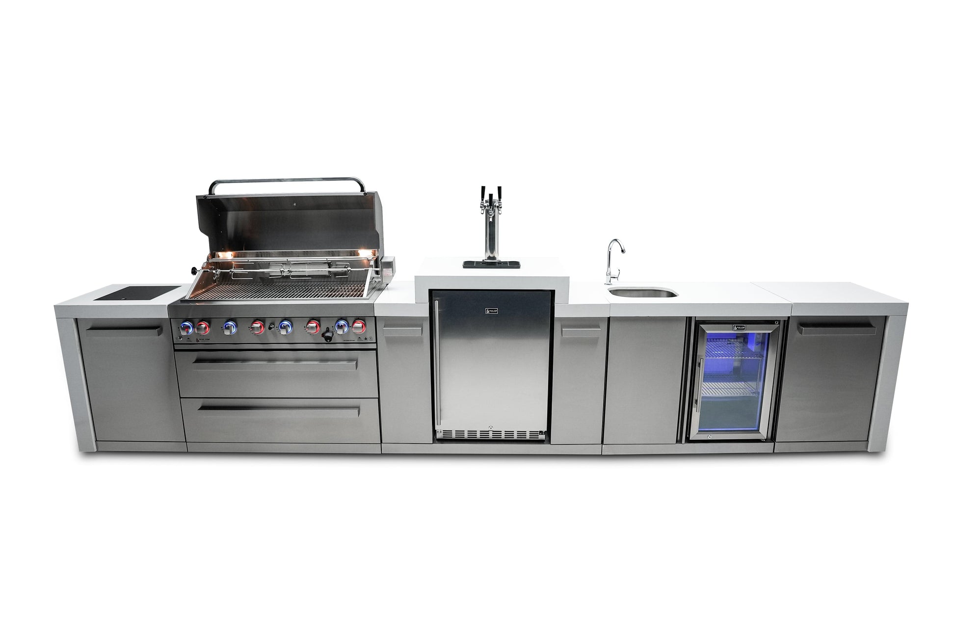 Mont Alpi Islands Mont Alpi 805 Deluxe Island with Beverage Center and Kegerator / 6-Burner Grill, 2 Infrared Burners, Sink, Fridge, 3 Beer Taps, Stainless Steel / MAi805-DKEGBEV