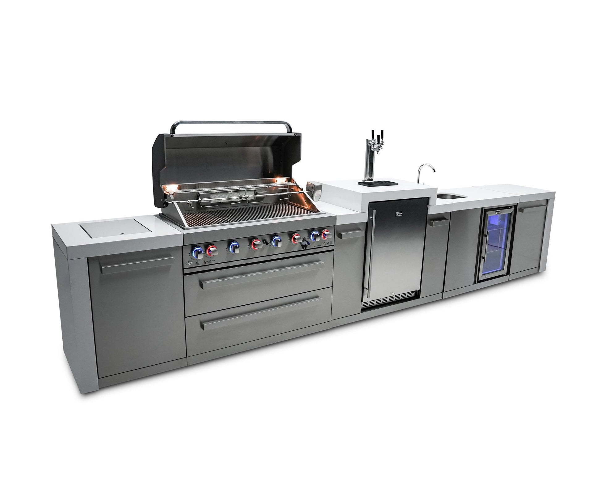 Mont Alpi Islands Mont Alpi 805 Deluxe Island with Beverage Center and Kegerator / 6-Burner Grill, 2 Infrared Burners, Sink, Fridge, 3 Beer Taps, Stainless Steel / MAi805-DKEGBEV
