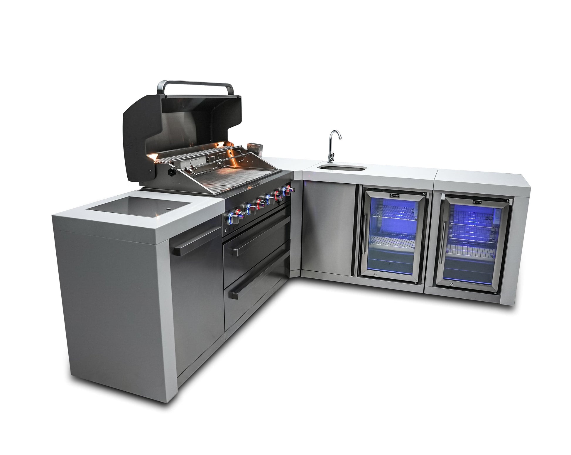 Mont Alpi Islands Mont Alpi 805 Deluxe Island with Beverage Center, Fridge Cabinet, and 90 Degree Corner / 6-Burner Grill, 2 Infrared Burners, Sink, 2 Fridges, Stainless Steel / MAi805-DBEV90FC