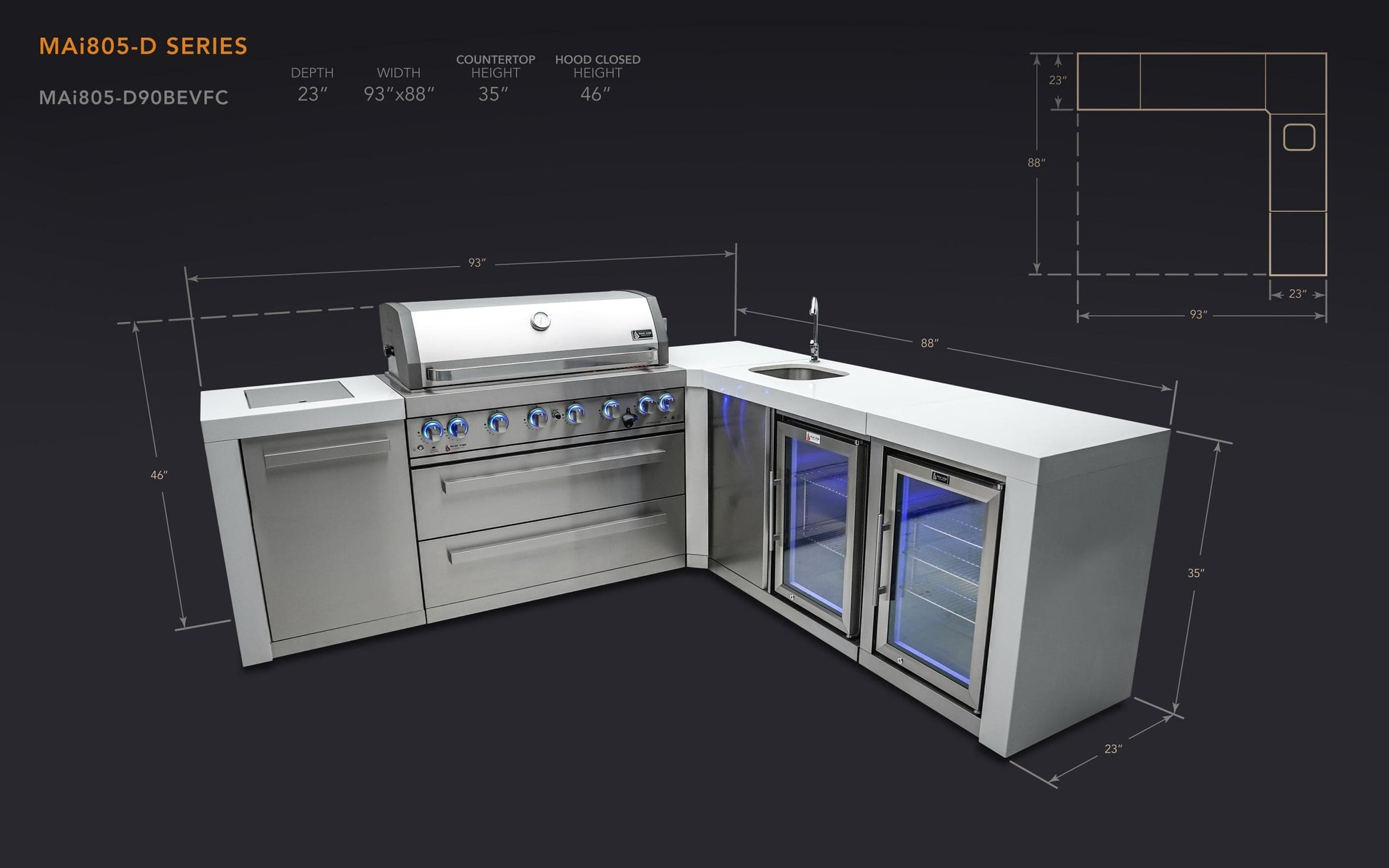 Mont Alpi Islands Mont Alpi 805 Deluxe Island with Beverage Center, Fridge Cabinet, and 90 Degree Corner / 6-Burner Grill, 2 Infrared Burners, Sink, 2 Fridges, Stainless Steel / MAi805-DBEV90FC